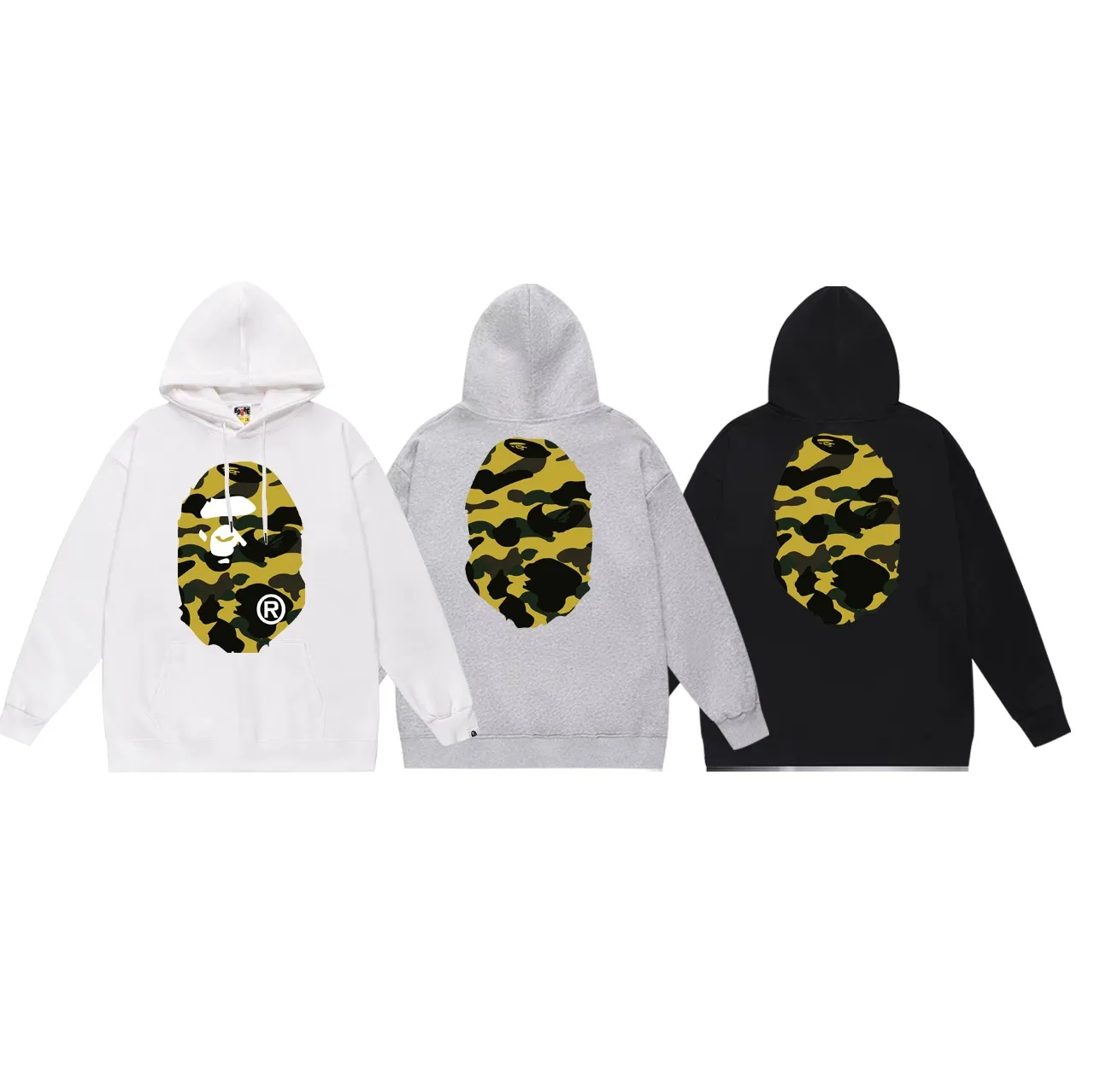 Model number SC660#terry p160 plus velvet p180💰 (top version) BAPE double-sided camouflage ape head print hooded sweatshirt. Made of 380g large terry 430g silver fox velvet (drop shoulder large version) fabric. The texture is soft and non-pilling. Imported environmentally friendly printing glue. The pattern is bright and three-dimensional. Quality💥Same style for men and women. The upper body is trendy. Color: black and yellow, white and yellow, gray and yellow. Size: S M L XL XXL