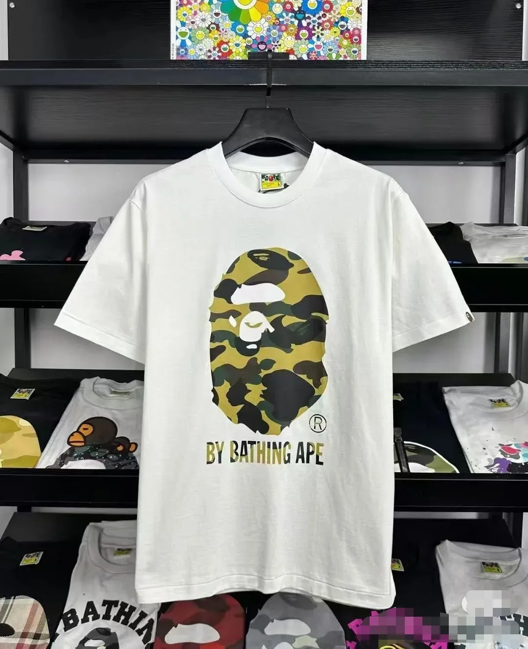 P110 001217 Bape FW22 1st camo by bathing ape tee ape camouflage printed round neck short-sleeved T-shirt, same style for men and women, size smlxlxxl, black and yellow, white and yellow, black and green, white and green