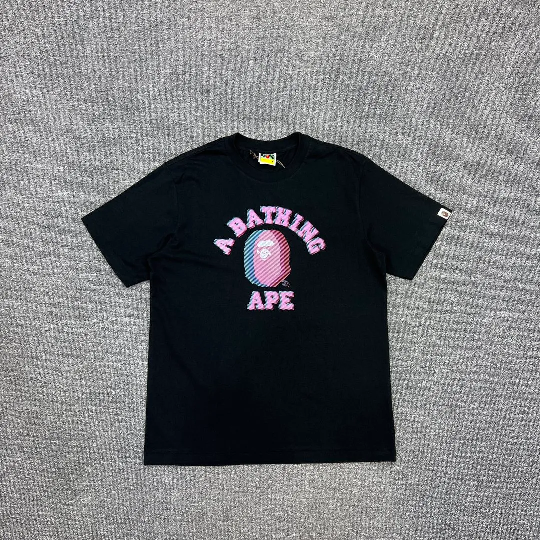 💰140 BAPE GLITCH ART COLLEGE TEE Faulty Symphony Art laminated ape head print 280g weight linen cotton fabric ZP version Couple style: S—XXL [Black White]
