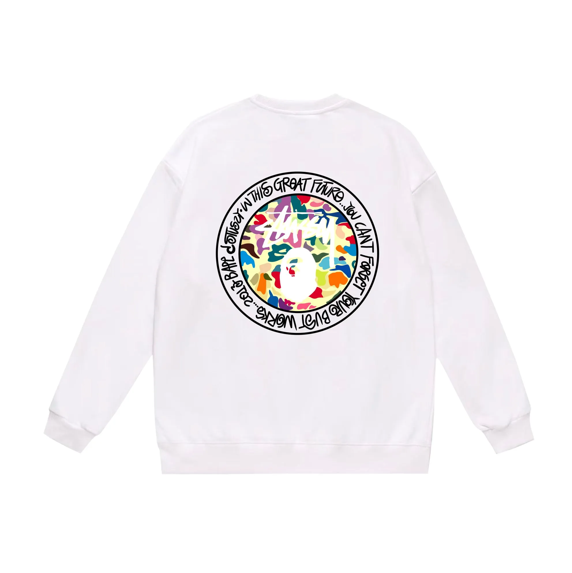 P150 model number SC517# terry 75 plus velvet 80 (top version) BAPE×STUSSY co-branded Stussy letter round neck sweatshirt Made of 350 grams of large terry (drop shoulder large version) fabric, soft texture and no pilling Imported environmentally friendly printing glue The pattern is bright and three-dimensional Quality 💥Same style for men and women The upper body is fashionable Color: black white gray Size: S M L XL XXL