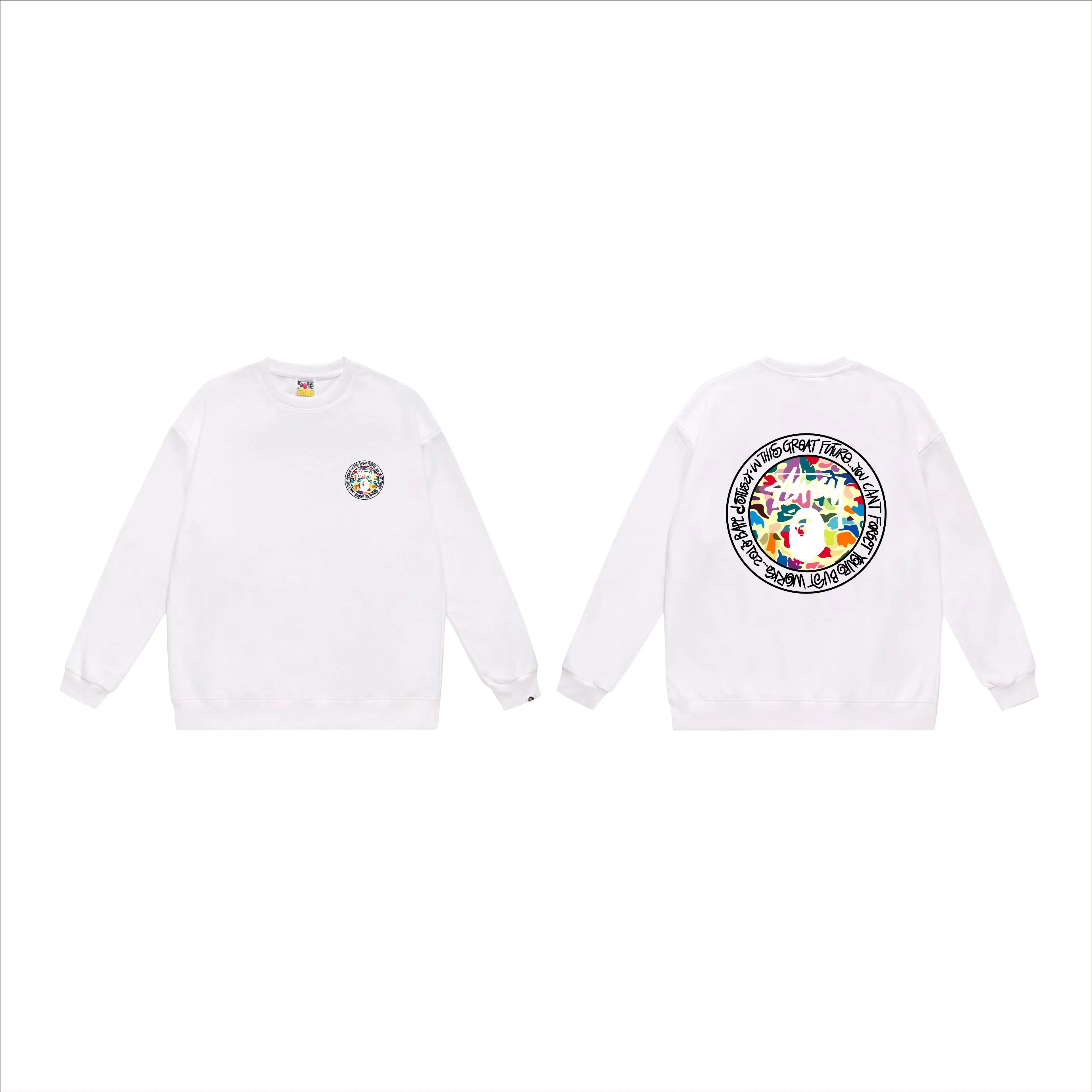 P150 model number SC517# terry 75 plus velvet 80 (top version) BAPE×STUSSY co-branded Stussy letter round neck sweatshirt Made of 350 grams of large terry (drop shoulder large version) fabric, soft texture and no pilling Imported environmentally friendly printing glue The pattern is bright and three-dimensional Quality 💥Same style for men and women The upper body is fashionable Color: black white gray Size: S M L XL XXL