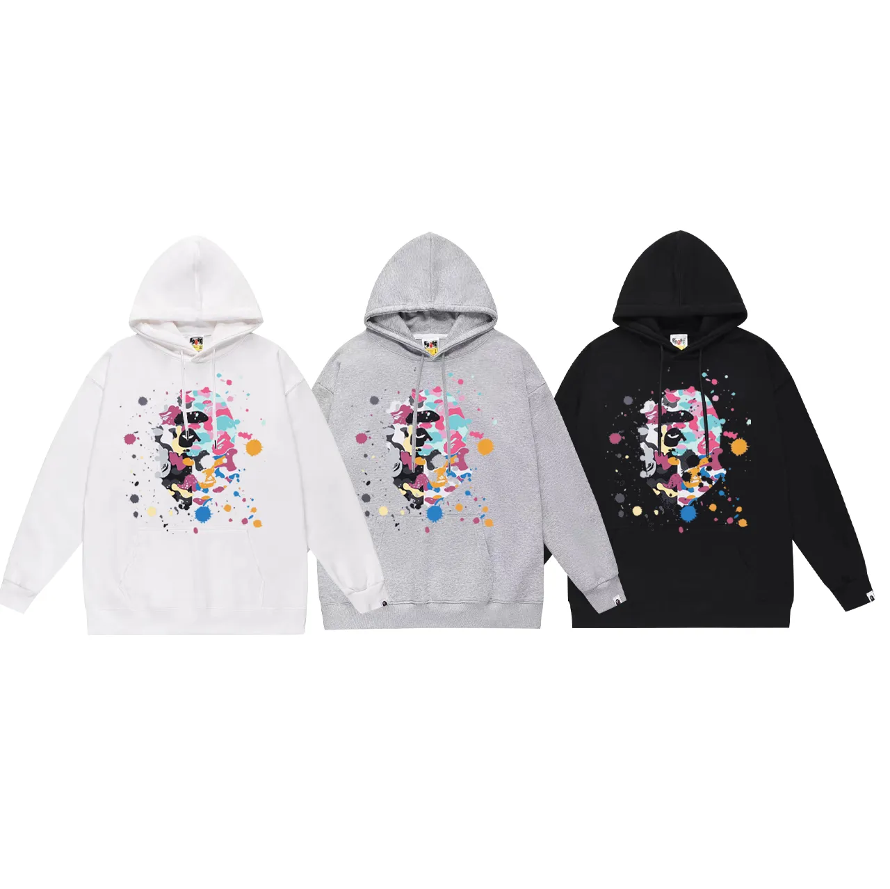 Model No. SC743# Terry p160 plus velvet 180💰 (top version) BAPE ape-man head splashed ink US limited edition hooded sweatshirt. Made of 380g large terry (drop shoulder large version) fabric. The texture is soft and non-pilling. Imported environmentally friendly printing glue. The pattern is bright and three-dimensional. Quality💥Same style for men and women. The upper body is trendy. Color: black white gray Size: S M L XL XXL