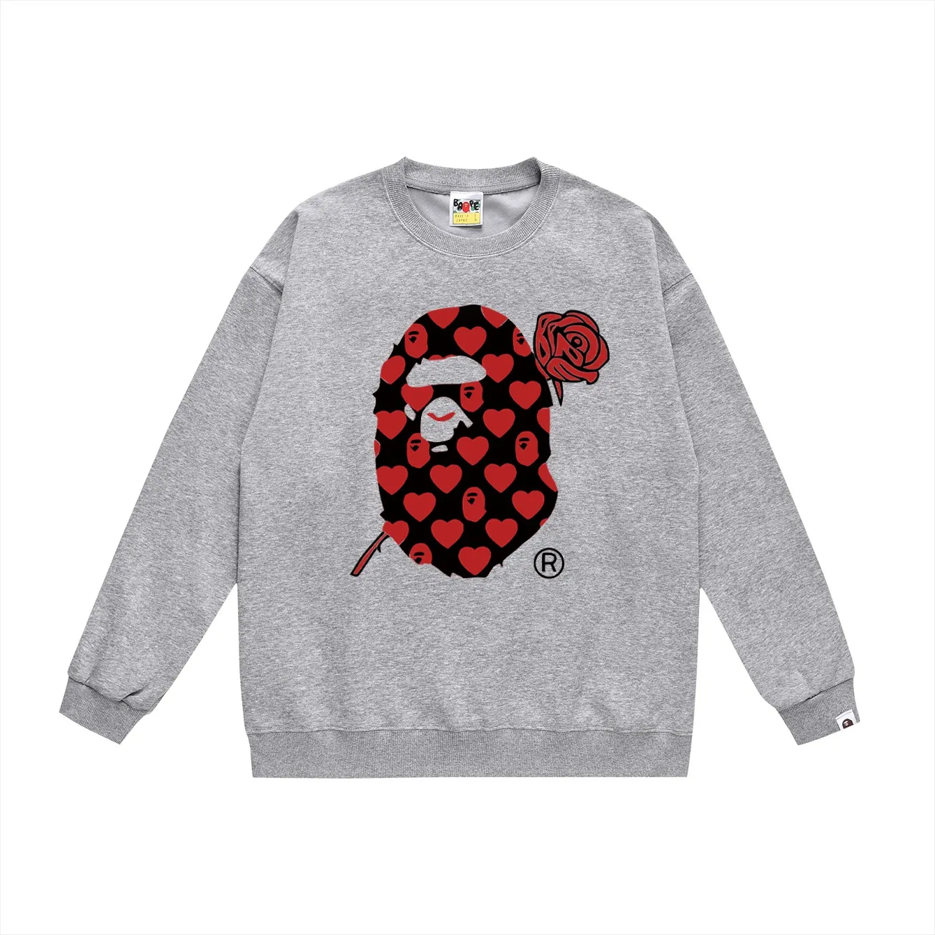 P150 model number SC449# terry 75 plus velvet 80 (top version) BAPE red rose ape head love letter pattern round neck sweatshirt Made of 350 grams of large terry (drop shoulder large version) fabric, soft texture and no pilling Imported environmentally friendly printing glue The pattern is bright and three-dimensional Quality 💥Same style for men and women The upper body is trendy Color: black white gray Size: S M L XL XXL