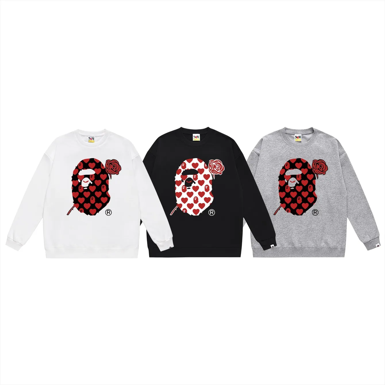 P150 model number SC449# terry 75 plus velvet 80 (top version) BAPE red rose ape head love letter pattern round neck sweatshirt Made of 350 grams of large terry (drop shoulder large version) fabric, soft texture and no pilling Imported environmentally friendly printing glue The pattern is bright and three-dimensional Quality 💥Same style for men and women The upper body is trendy Color: black white gray Size: S M L XL XXL