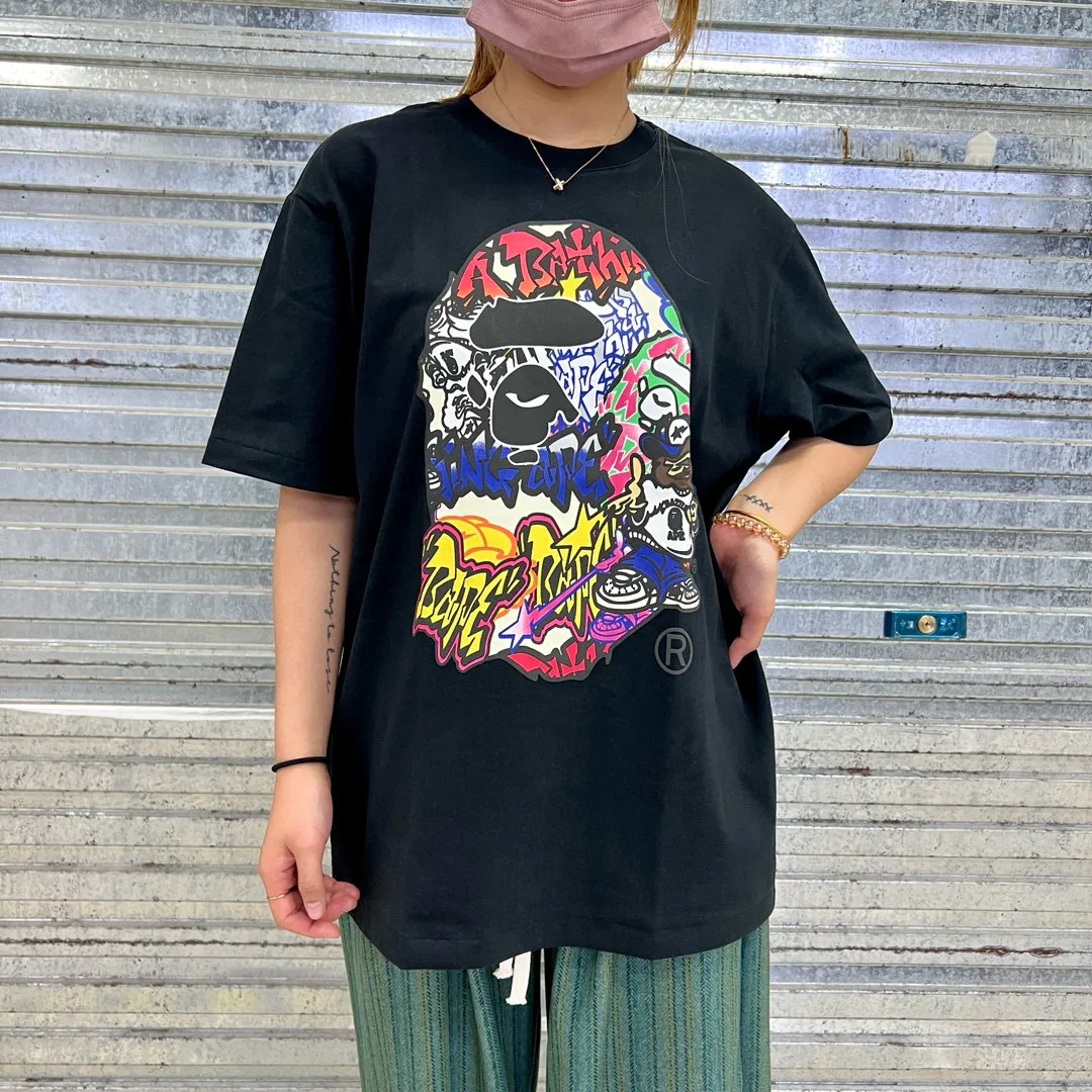 💰140 Bape color letter graffiti ape head print, linen cotton 280g, customized fabric, couple model: S—XXL [black white]