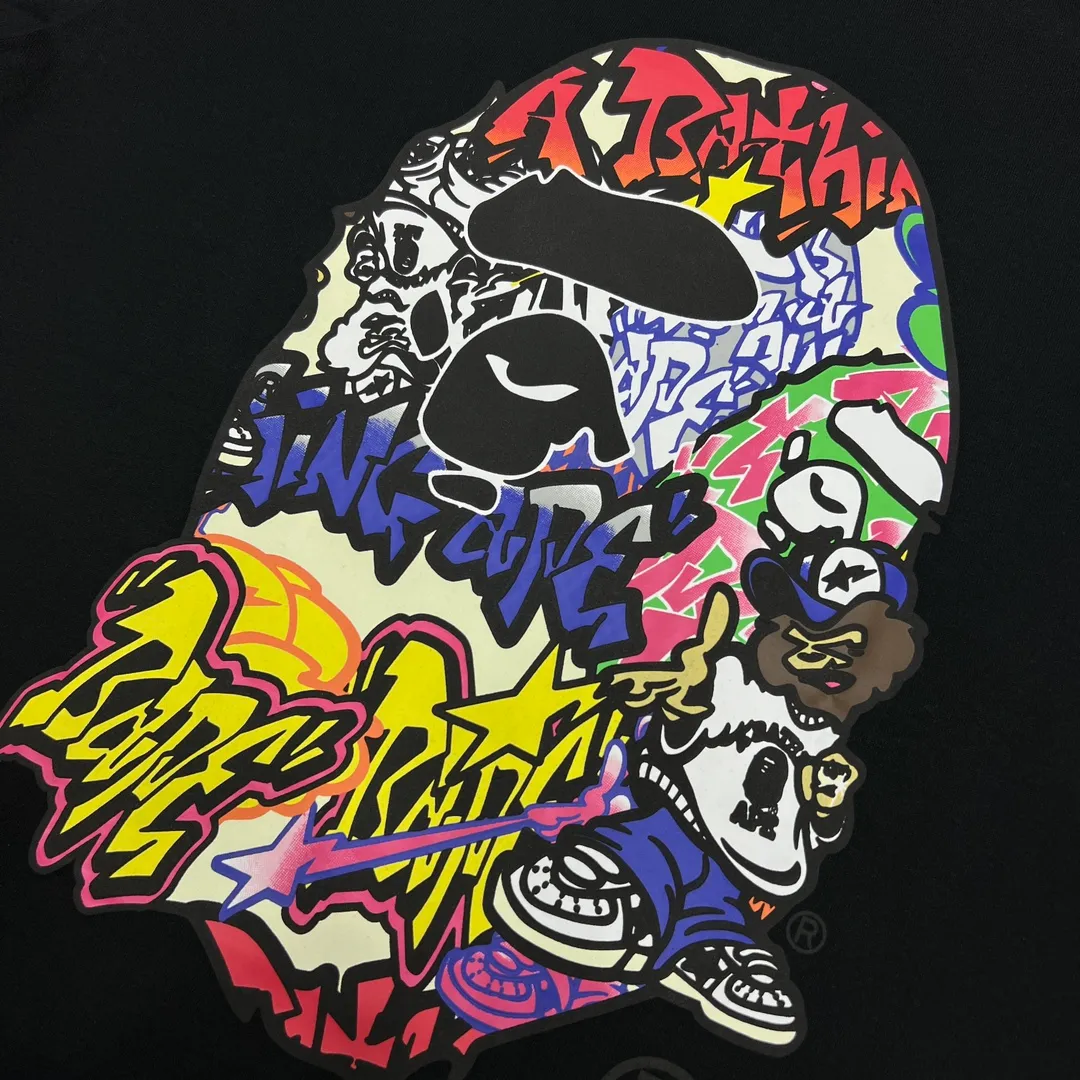 💰140 Bape color letter graffiti ape head print, linen cotton 280g, customized fabric, couple model: S—XXL [black white]