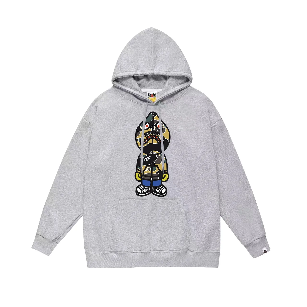 Model No. SC638#terry p160 plus velvet p180💰 (top version) BAPE ape-man head colorful shark print hooded sweatshirt. Made of 380g large terry 430g silver fox velvet (drop shoulder large version) fabric. The texture is soft and non-pilling. Imported environmentally friendly printing glue. The pattern is bright and three-dimensional. Quality💥Same style for men and women. The upper body is trendy. Color: black white gray Size: S M L XL XXL