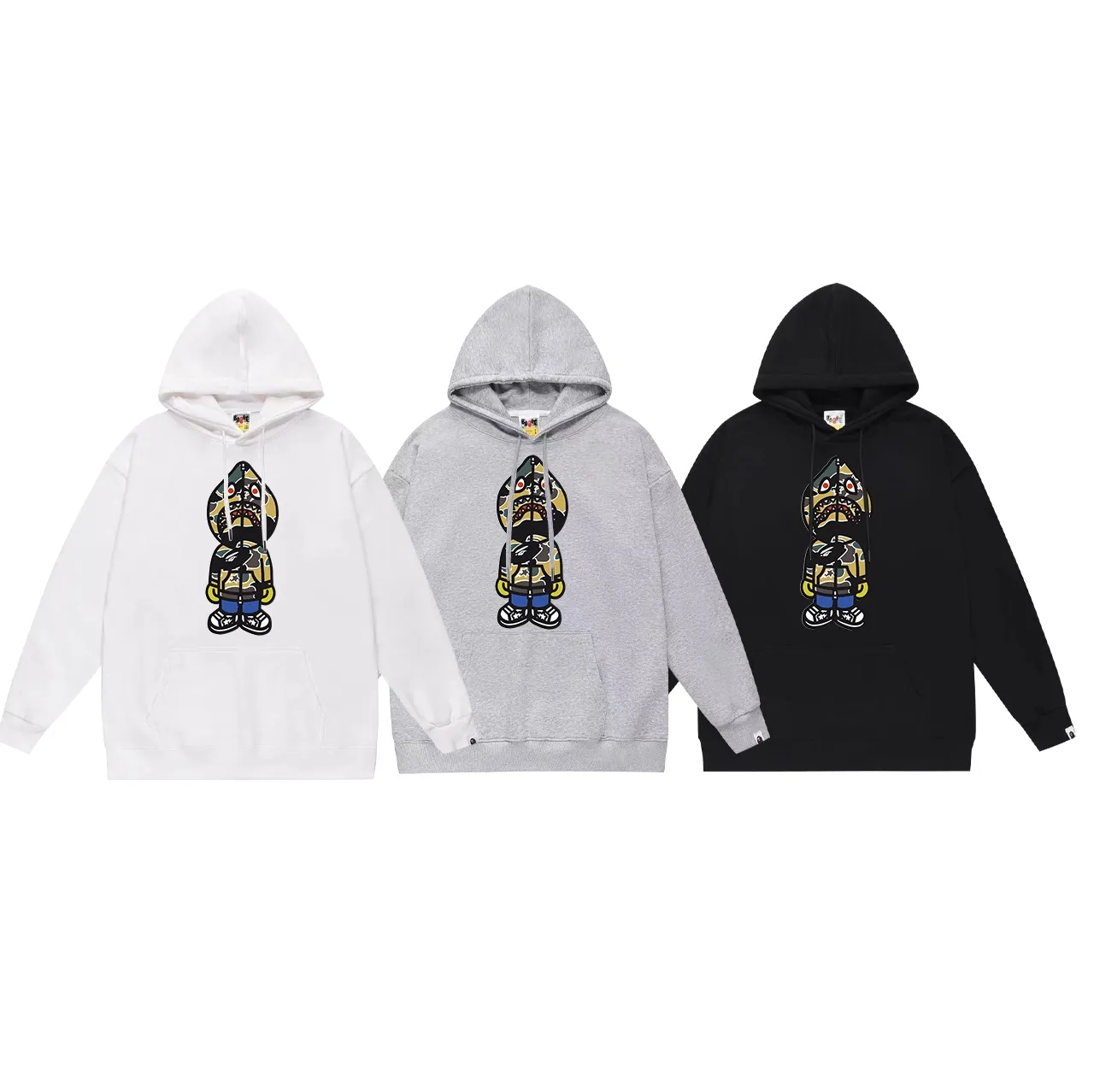 Model No. SC638#terry p160 plus velvet p180💰 (top version) BAPE ape-man head colorful shark print hooded sweatshirt. Made of 380g large terry 430g silver fox velvet (drop shoulder large version) fabric. The texture is soft and non-pilling. Imported environmentally friendly printing glue. The pattern is bright and three-dimensional. Quality💥Same style for men and women. The upper body is trendy. Color: black white gray Size: S M L XL XXL