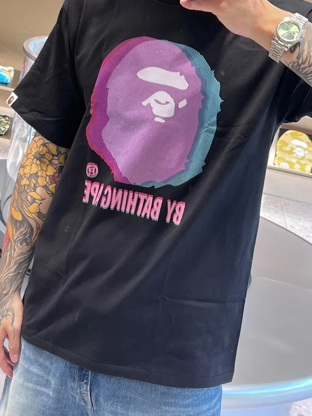 💰140 BAPE GLITCH ART COLLEGE TEE Faulty phantom art laminated great ape head print 280g weight linen cotton fabric ZP version Couple style: S—XXL [Black White]