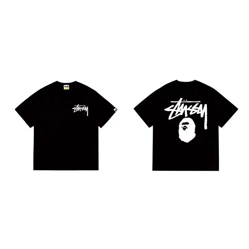 P110 001186 bape stussy co-branded printed short-sleeved T-shirt, same style for men and women, size smlxlxxl, black and white