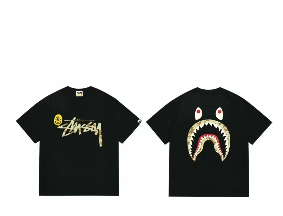P110 00177 bape shark mouth stussy co-branded short-sleeved T-shirt, same style for men and women, size smlxlxxl, black