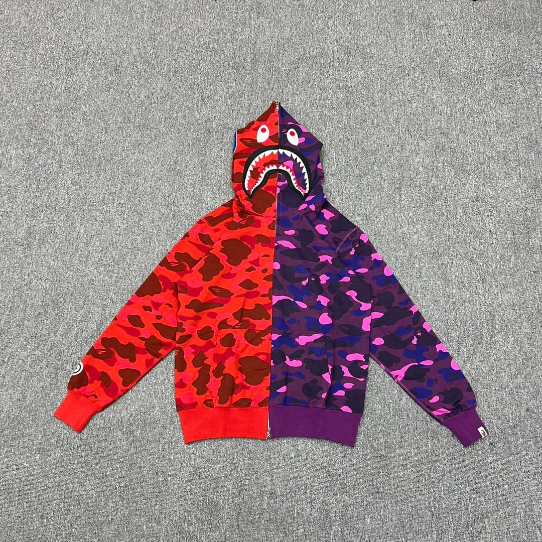 💰420 Bape City Camo Half SharkFull Zip Hoodie Shark stitching zipper hooded sweatshirt Heavy double zipper Customized fabric high quality Couple style: S—XXL [Blue Gray Purple Red]