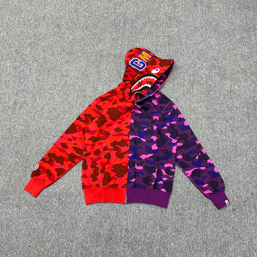 💰420 Bape City Camo Half SharkFull Zip Hoodie Shark stitching zipper hooded sweatshirt Heavy double zipper Customized fabric high quality Couple style: S—XXL [Blue Gray Purple Red]