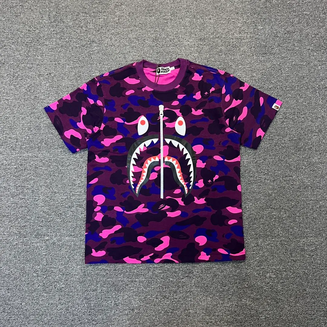 💰140 BAPE shark camouflage WGM classic reproduction ZP version 255g weight pure cotton all-over printed camouflage couple model: S-XXL [green yellow red purple blue]