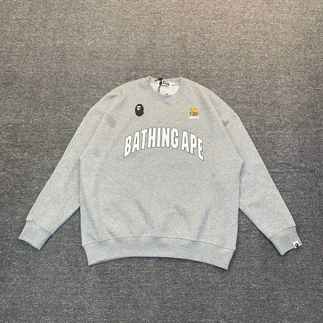 💰250 BAPE Letter Bee Contrast Print Customized Fabric 380g Pure Cotton Round Neck Sweatshirt Couple Style: S—XXL [Black Gray]