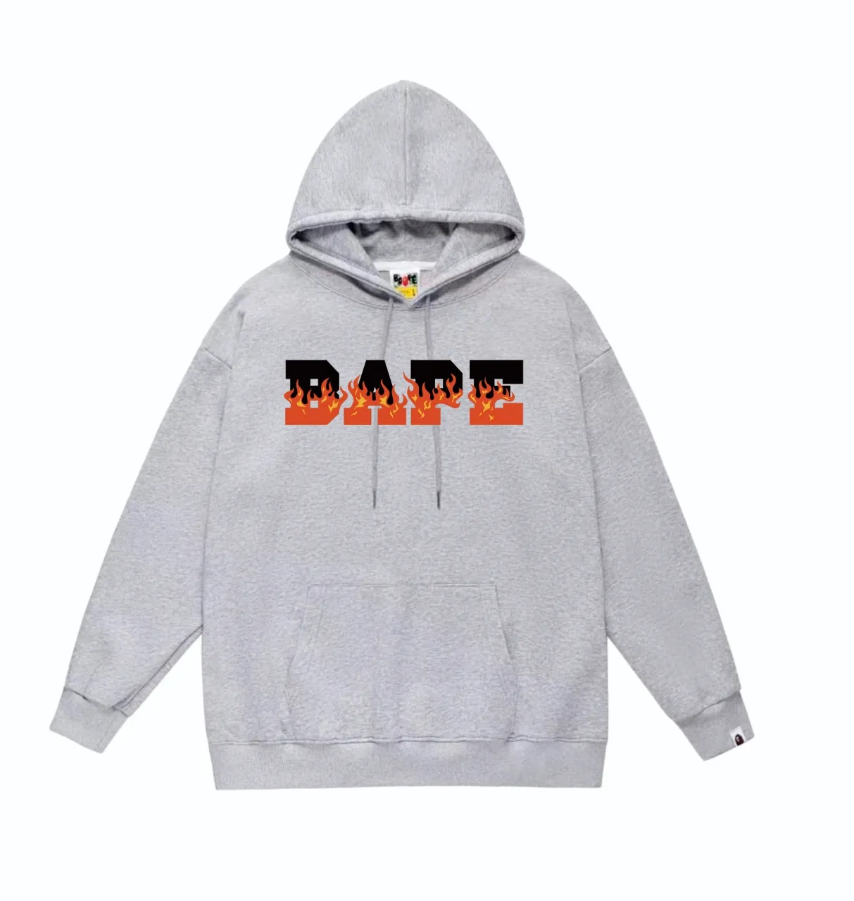 P160 model number SC837# terry 80 plus velvet 90 (top version) BAPE flame letter print pattern hooded sweatshirt. Made of 380 grams of large terry (drop shoulder large version) fabric. The texture is soft and non-pilling. Imported environmentally friendly printing glue. The pattern is bright and three-dimensional. Quality 💥Same style for men and women. The upper body is trendy. Color: black white gray Size: S M L XL XXL