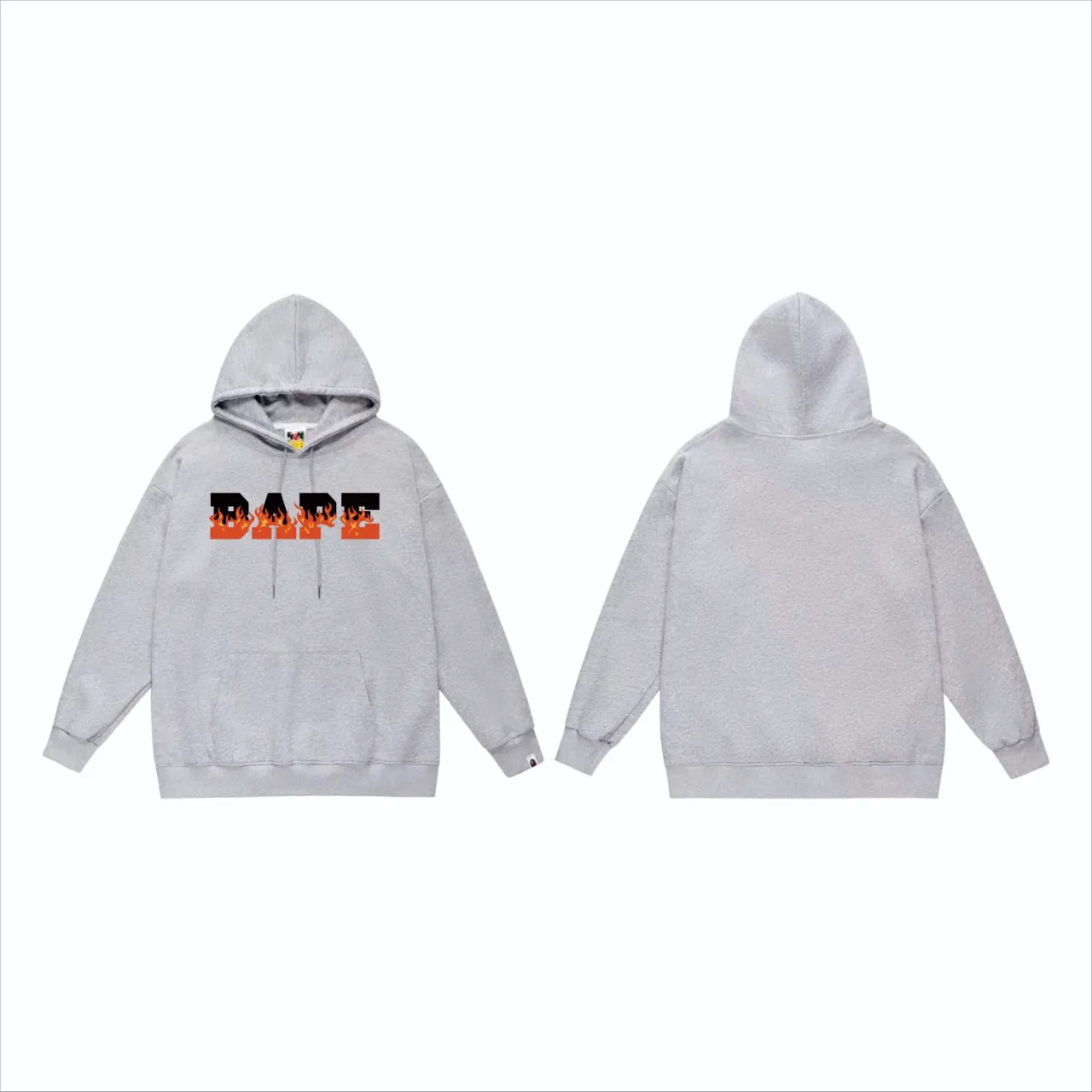 P160 model number SC837# terry 80 plus velvet 90 (top version) BAPE flame letter print pattern hooded sweatshirt. Made of 380 grams of large terry (drop shoulder large version) fabric. The texture is soft and non-pilling. Imported environmentally friendly printing glue. The pattern is bright and three-dimensional. Quality 💥Same style for men and women. The upper body is trendy. Color: black white gray Size: S M L XL XXL