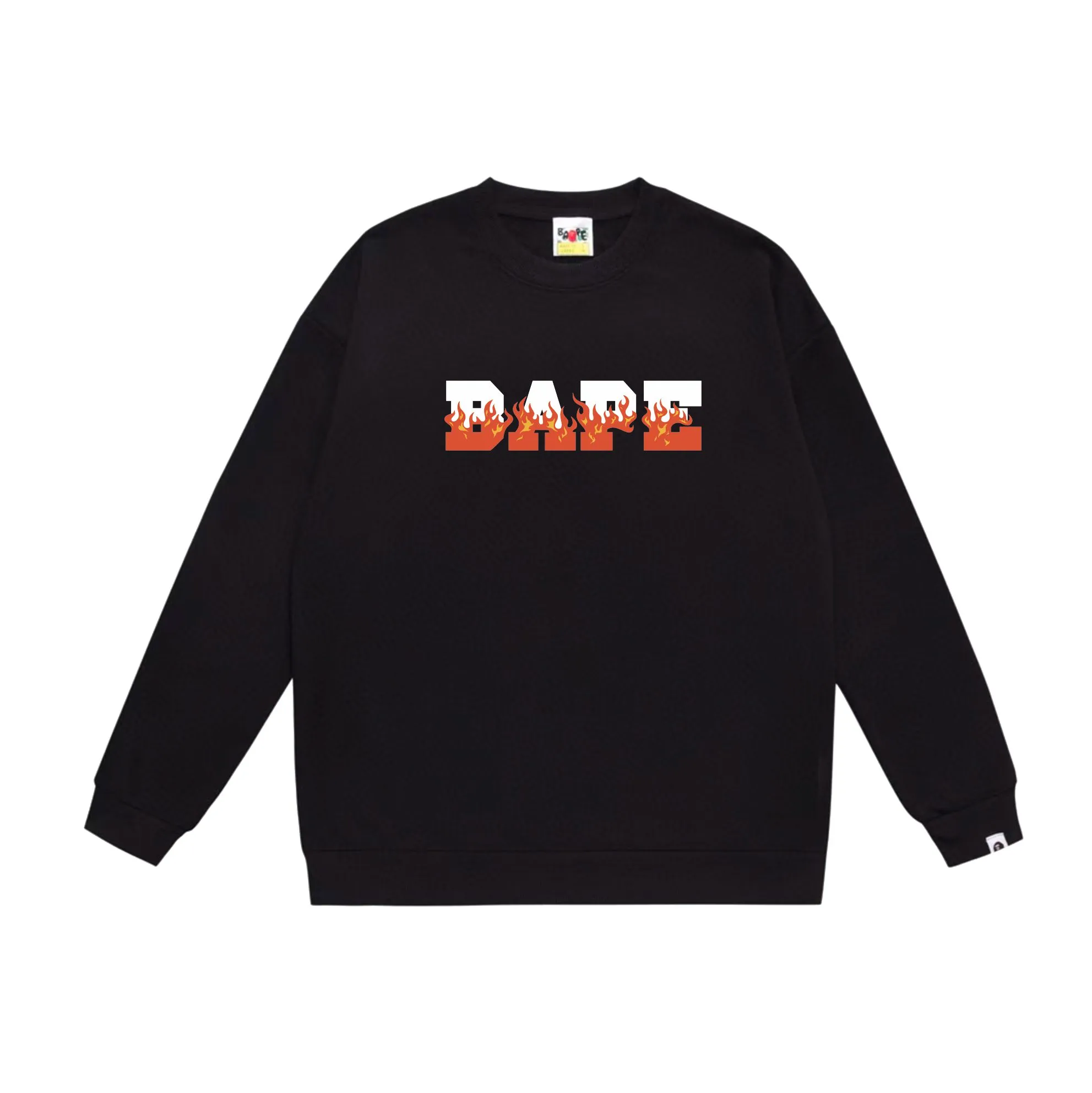 P150 model number SC537# terry 75 plus velvet 80 (top version) BAPE flame letter printed round neck sweatshirt Made of 350g large terry (drop shoulder large version) fabric, soft texture and no pilling Imported environmentally friendly printing glue, bright and three-dimensional pattern, quality 💥Same style for men and women, the upper body is fashionable Color: black white gray Size: S M L XL XXL