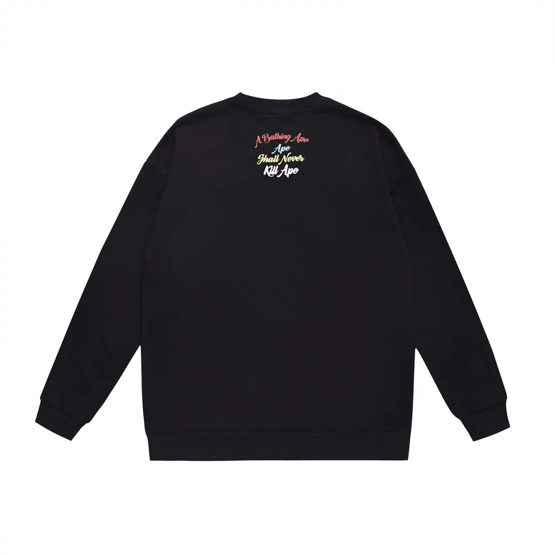 P170 model number SC313# terry 80 plus velvet 85 (top version) BAPE ape-man head colorful letter printed round neck sweatshirt Made of 350 grams of large terry (drop shoulder large version) fabric, soft texture and no pilling Imported environmentally friendly printing glue The pattern is bright and three-dimensional Quality 💥Same style for men and women The upper body is trendy Color: black white gray Size: S M L XL XXL