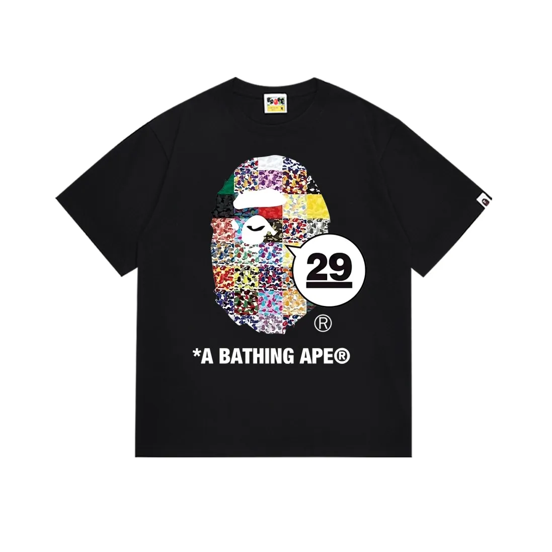 SC227#p110💰 (Top version) BAPE 29th Anniversary Ape Head Tee digital printed round neck short-sleeved T-shirt Made of 260 grams of high-quality high-weave pure cotton fabric, double yarn combed, soft texture and no pilling Imported environmentally friendly printing glue, bright and three-dimensional pattern, quality 💥Same style for men and women, the upper body is trendy Color: black white Size: S M L XL XXL
