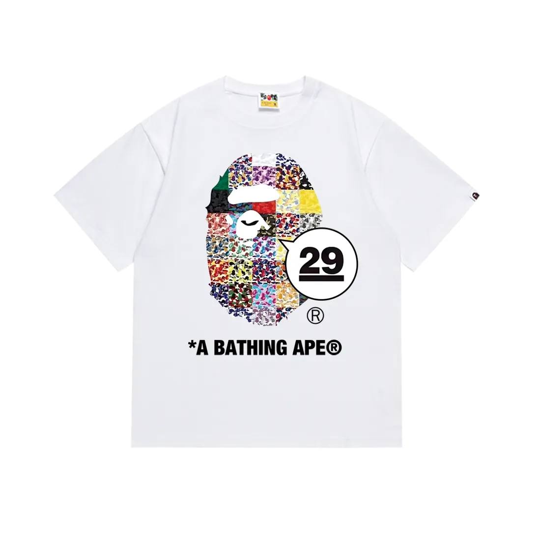 SC227#p110💰 (Top version) BAPE 29th Anniversary Ape Head Tee digital printed round neck short-sleeved T-shirt Made of 260 grams of high-quality high-weave pure cotton fabric, double yarn combed, soft texture and no pilling Imported environmentally friendly printing glue, bright and three-dimensional pattern, quality 💥Same style for men and women, the upper body is trendy Color: black white Size: S M L XL XXL