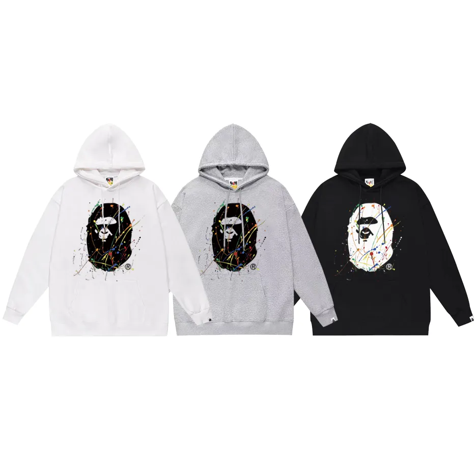 P190 model number SC604# terry 85 plus velvet 95 (top version) BAPE ape-man head splash-ink paint graffiti printed hooded sweatshirt. Made of 380g large terry (drop shoulder large version) fabric. The texture is soft and non-pilling. Imported environmentally friendly printing glue. The pattern is bright and three-dimensional. Quality 💥Same style for men and women. The upper body is trendy. Color: black white gray Size: S M L XL XXL