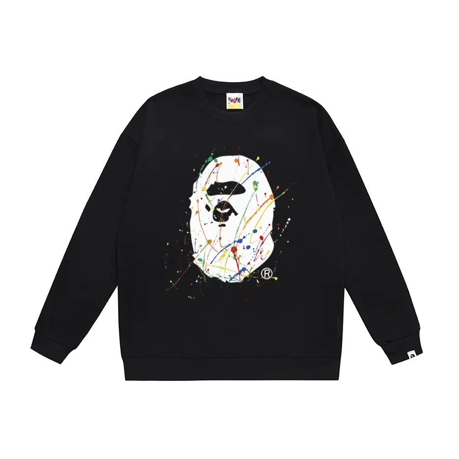P170 model number SC304# terry 80 plus velvet 85 (top version) BAPE ape man head splash paint graffiti printed round neck sweatshirt Made of 350g large terry (drop shoulder large version) fabric, soft and non-pilling, imported environmentally friendly printing glue, bright and three-dimensional pattern, quality 💥Same style for men and women, the upper body is fashionable Color: black white gray Size: S M L XL XXL