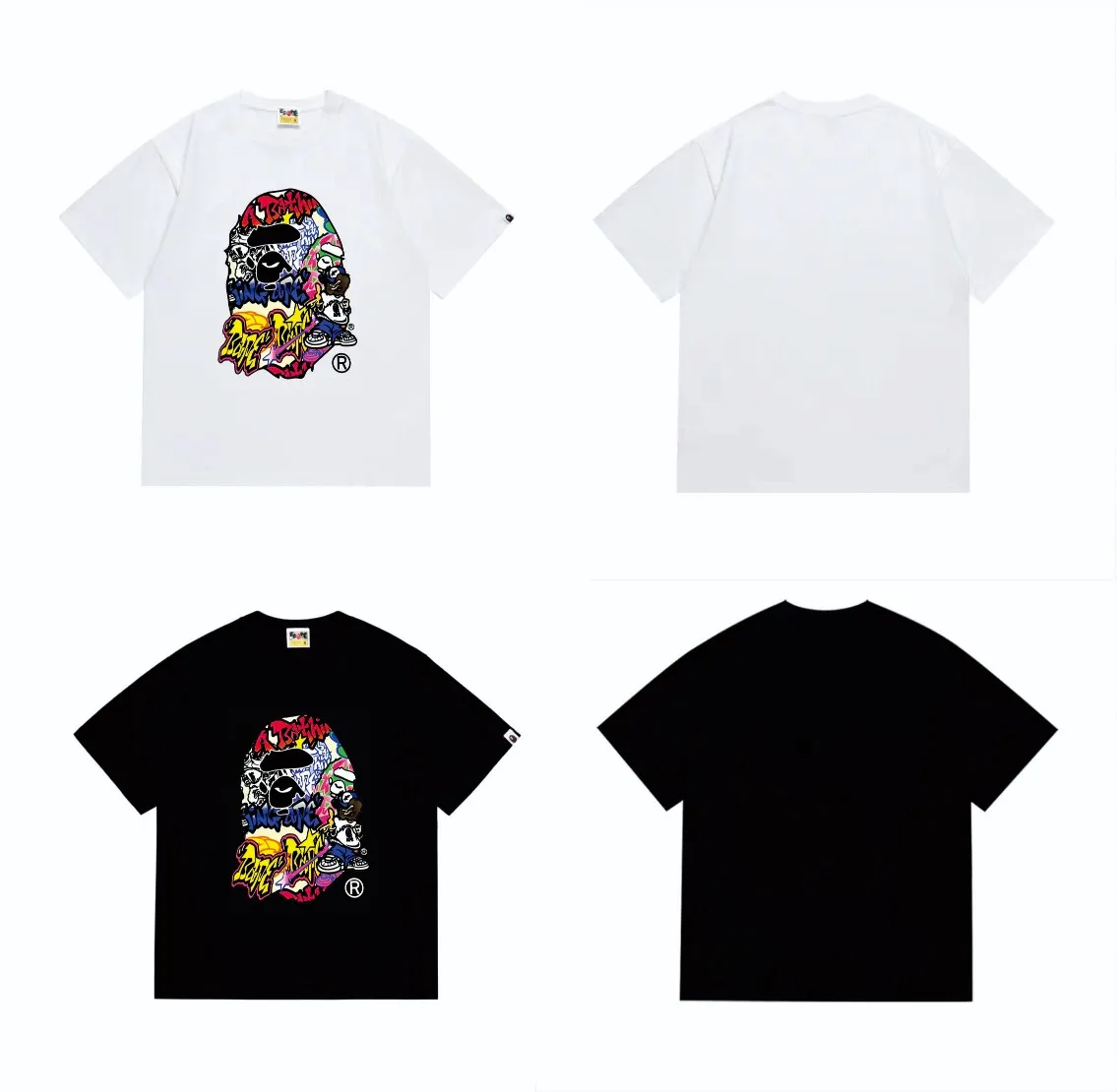 SC232#p110💰 (top version) BAPE ape head cartoon pattern printed round neck short-sleeved T-shirt Made of 260 grams of high-quality high-weave pure cotton fabric, double yarn combed, soft texture and no pilling Imported environmentally friendly printing glue, bright and three-dimensional pattern, quality 💥Same style for men and women, the upper body is fashionable Color: black white Size: S M L XL XXL