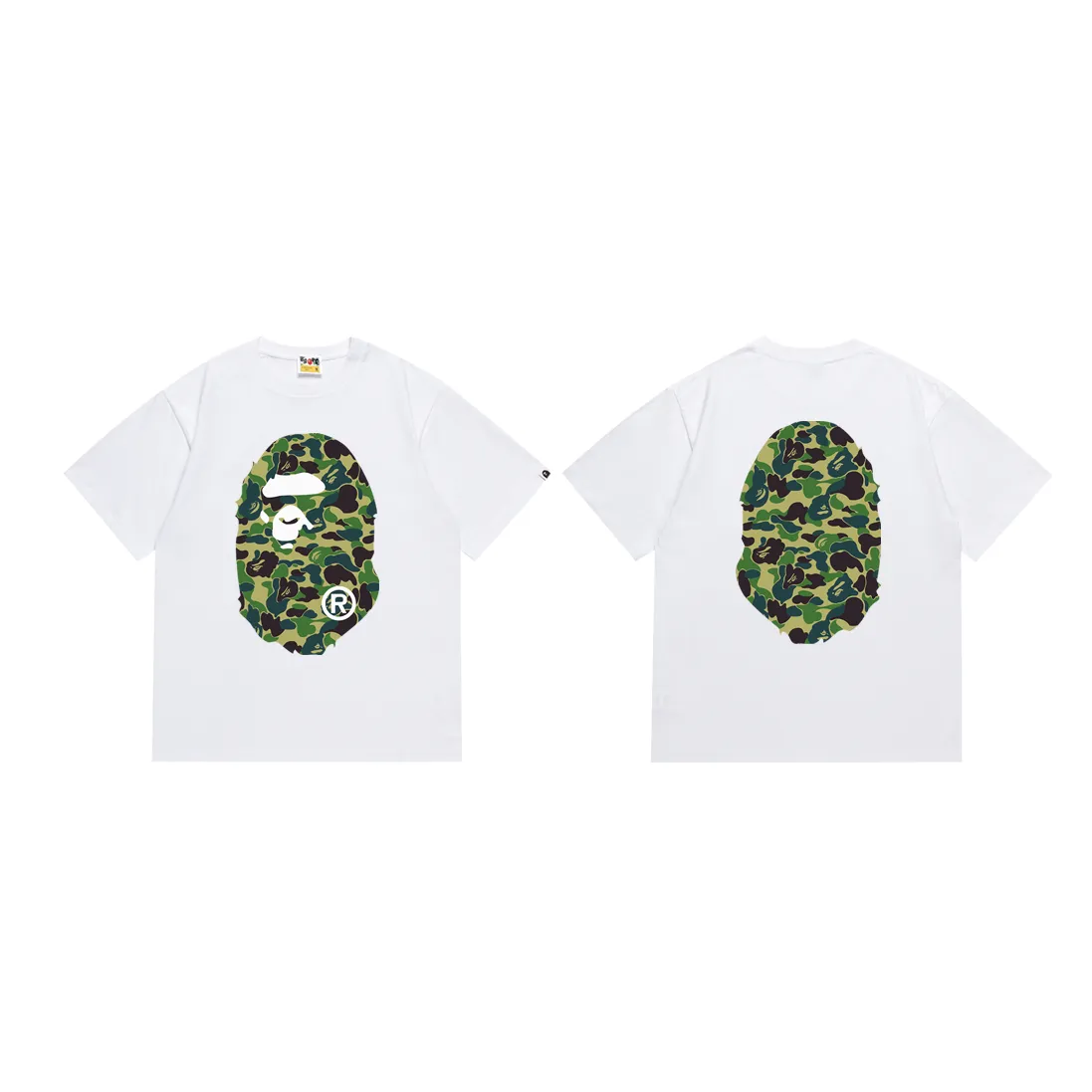 P110 SC036# (top version) BAPE ABC green camouflage ape LOGO double-sided printed short-sleeved T-shirt Made of 260 grams of high-quality high-weave pure cotton fabric, double yarn combed, soft and non-pilling texture, imported environmentally friendly printing glue, bright and three-dimensional pattern, quality 💥Same style for men and women, the upper body is fashionable Color: black green white green Size: S M L XL XXL