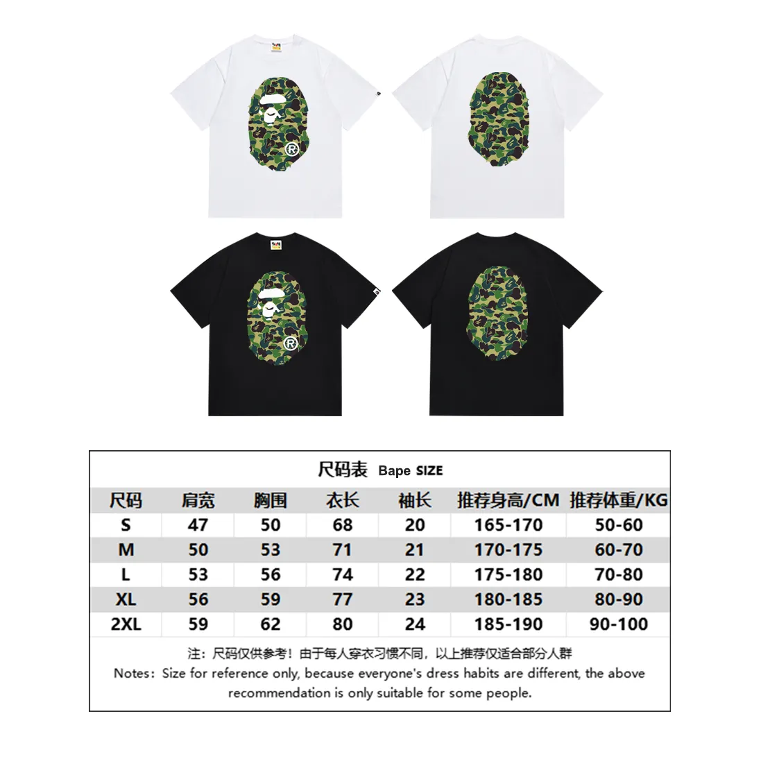 P110 SC036# (top version) BAPE ABC green camouflage ape LOGO double-sided printed short-sleeved T-shirt Made of 260 grams of high-quality high-weave pure cotton fabric, double yarn combed, soft and non-pilling texture, imported environmentally friendly printing glue, bright and three-dimensional pattern, quality 💥Same style for men and women, the upper body is fashionable Color: black green white green Size: S M L XL XXL