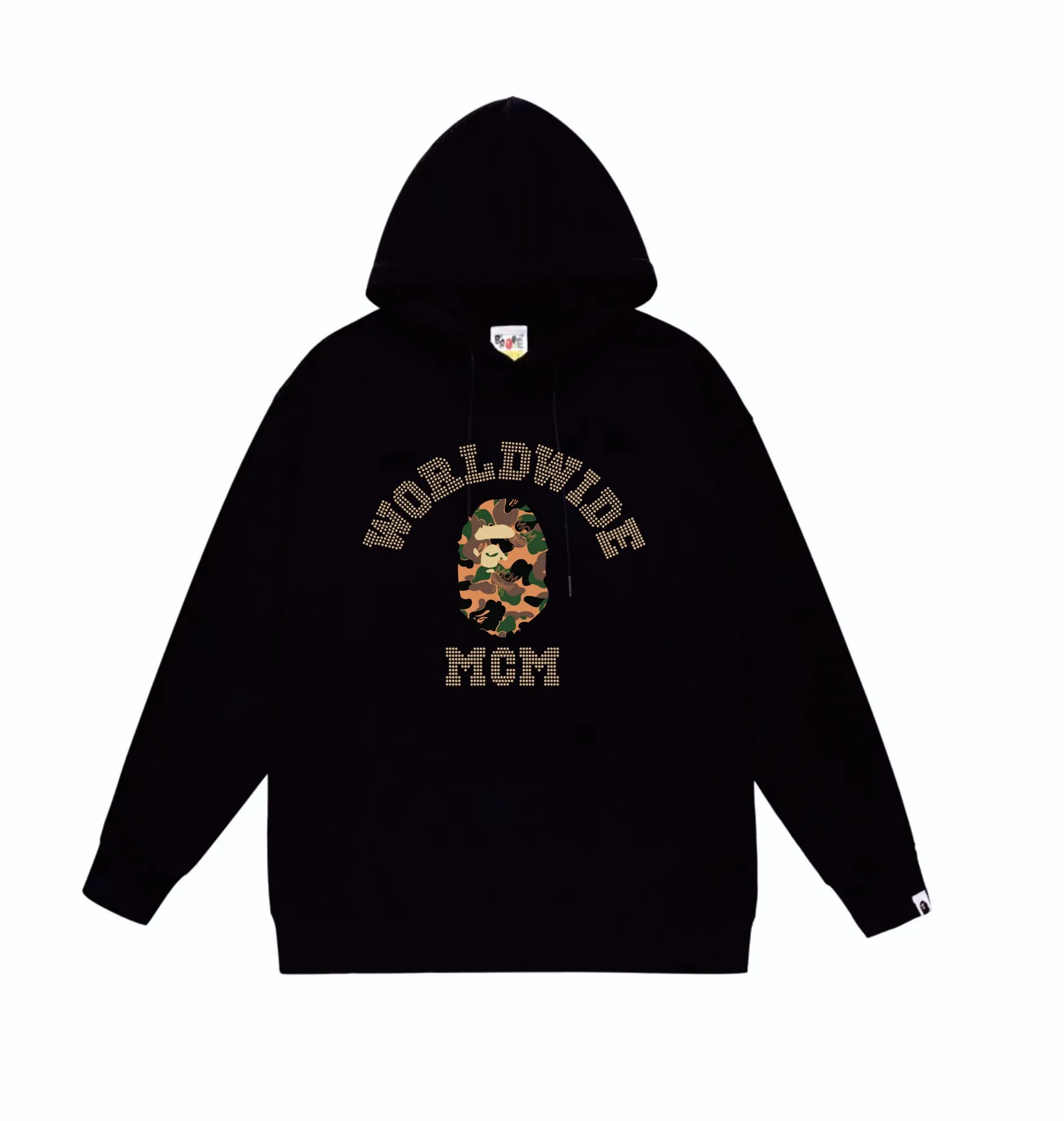 P160 model number SC840# terry 80 plus velvet 90 (top version) BAPE×MCM Rhinestone collegea joint series ape-head letter print pattern hooded sweatshirt. Made of 380g large terry (drop shoulder large version) fabric. The texture is soft and non-pilling. Imported environmentally friendly printing glue. The pattern is bright and three-dimensional. Quality💥Same style for men and women. The upper body is trendy. Color: black white gray Size: S M L XL XXL