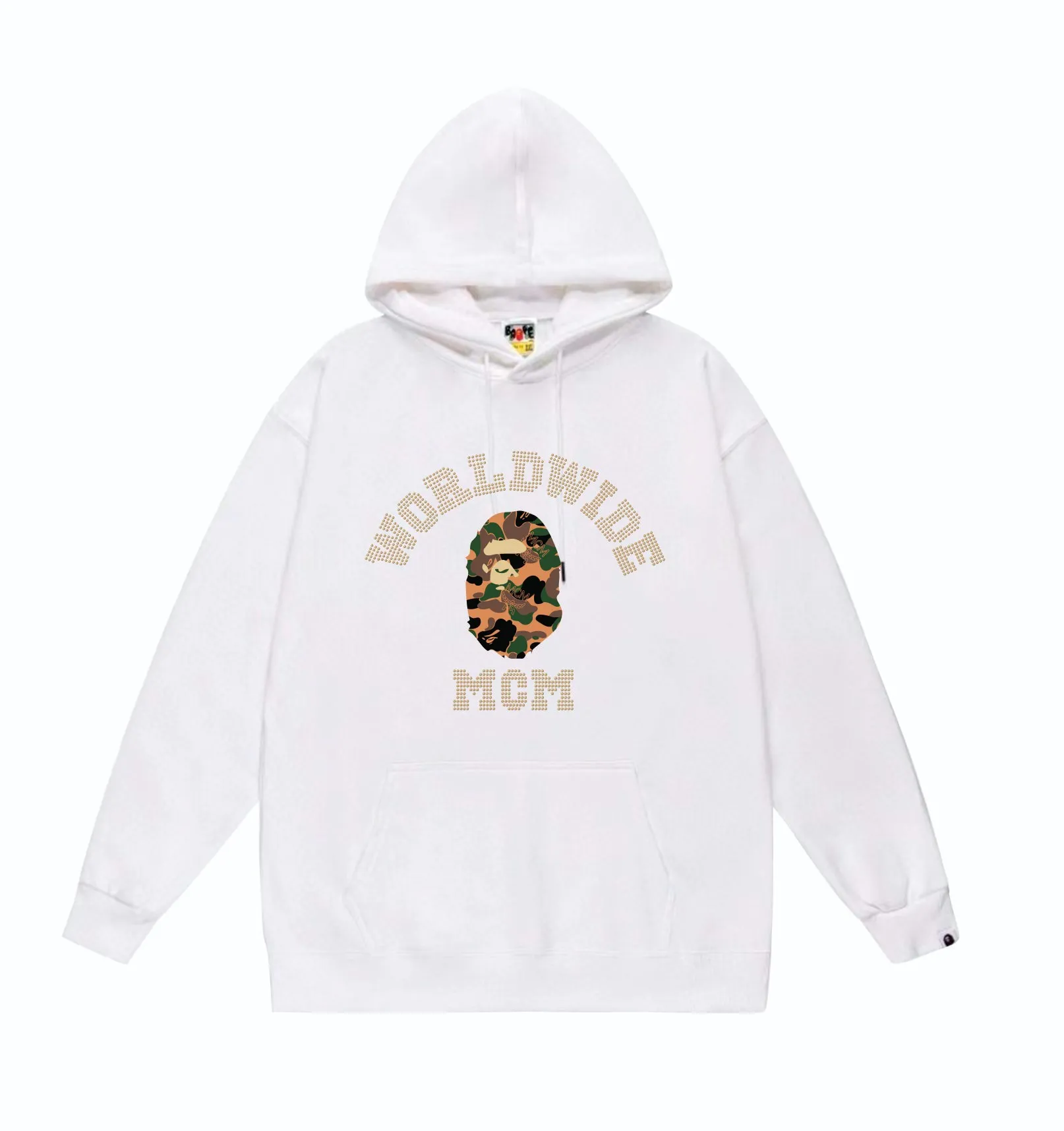 P160 model number SC840# terry 80 plus velvet 90 (top version) BAPE×MCM Rhinestone collegea joint series ape-head letter print pattern hooded sweatshirt. Made of 380g large terry (drop shoulder large version) fabric. The texture is soft and non-pilling. Imported environmentally friendly printing glue. The pattern is bright and three-dimensional. Quality💥Same style for men and women. The upper body is trendy. Color: black white gray Size: S M L XL XXL
