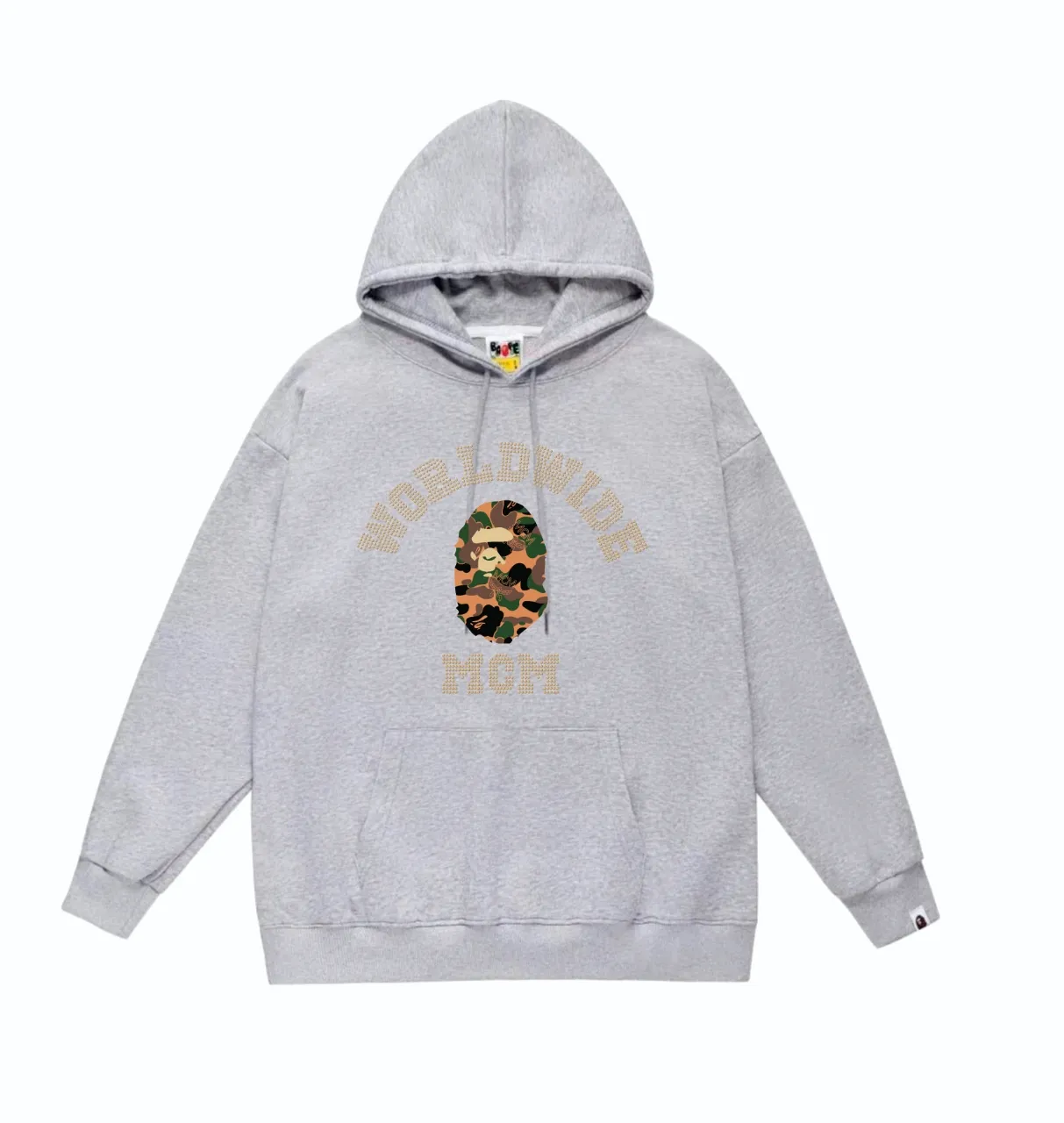 P160 model number SC840# terry 80 plus velvet 90 (top version) BAPE×MCM Rhinestone collegea joint series ape-head letter print pattern hooded sweatshirt. Made of 380g large terry (drop shoulder large version) fabric. The texture is soft and non-pilling. Imported environmentally friendly printing glue. The pattern is bright and three-dimensional. Quality💥Same style for men and women. The upper body is trendy. Color: black white gray Size: S M L XL XXL
