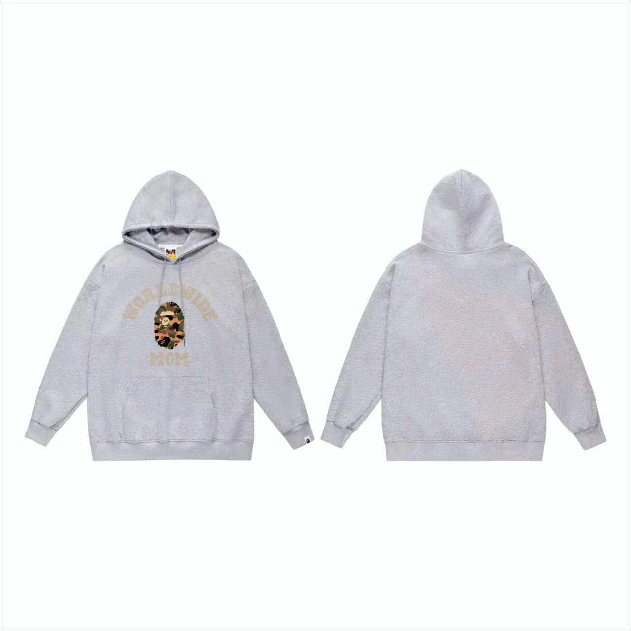 P160 model number SC840# terry 80 plus velvet 90 (top version) BAPE×MCM Rhinestone collegea joint series ape-head letter print pattern hooded sweatshirt. Made of 380g large terry (drop shoulder large version) fabric. The texture is soft and non-pilling. Imported environmentally friendly printing glue. The pattern is bright and three-dimensional. Quality💥Same style for men and women. The upper body is trendy. Color: black white gray Size: S M L XL XXL