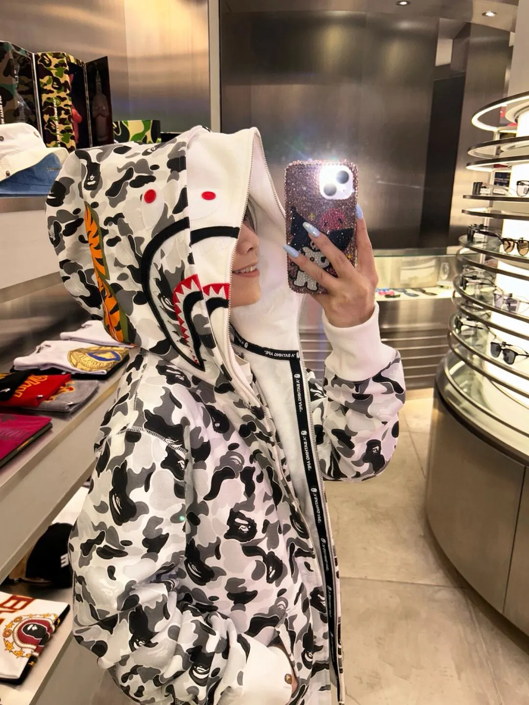 💰440 Bape double hood large flower camouflage shark, customized fabric 1:1, fine workmanship, high quality version, couple model: S-XXL [ink gray]