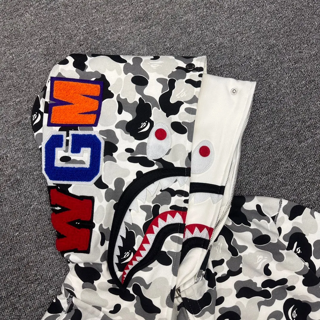 💰440 Bape double hood large flower camouflage shark, customized fabric 1:1, fine workmanship, high quality version, couple model: S-XXL [ink gray]