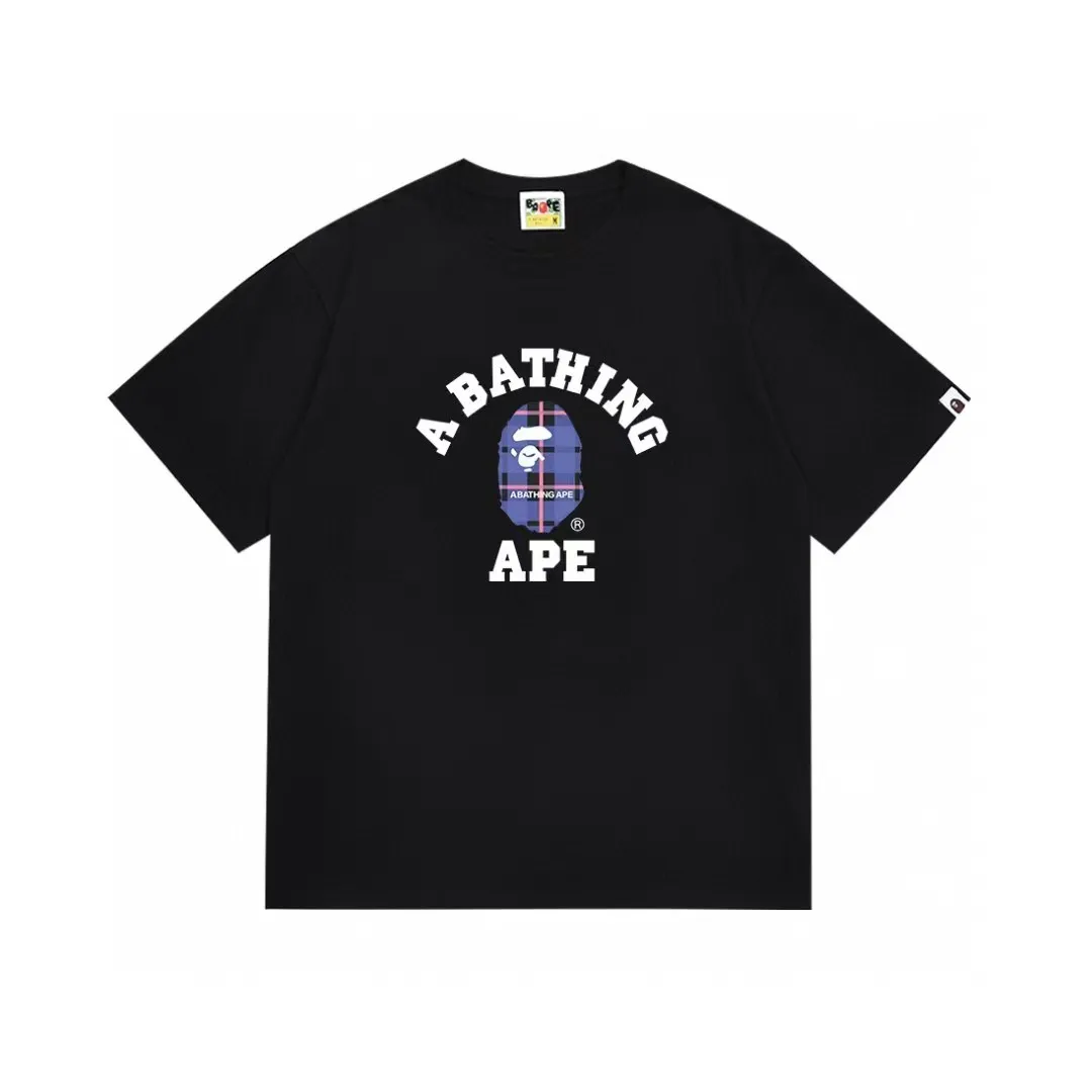 P110 001189 bape ape head plaid printed short-sleeved T-shirt, same style for men and women, size smlxlxxl, black and white
