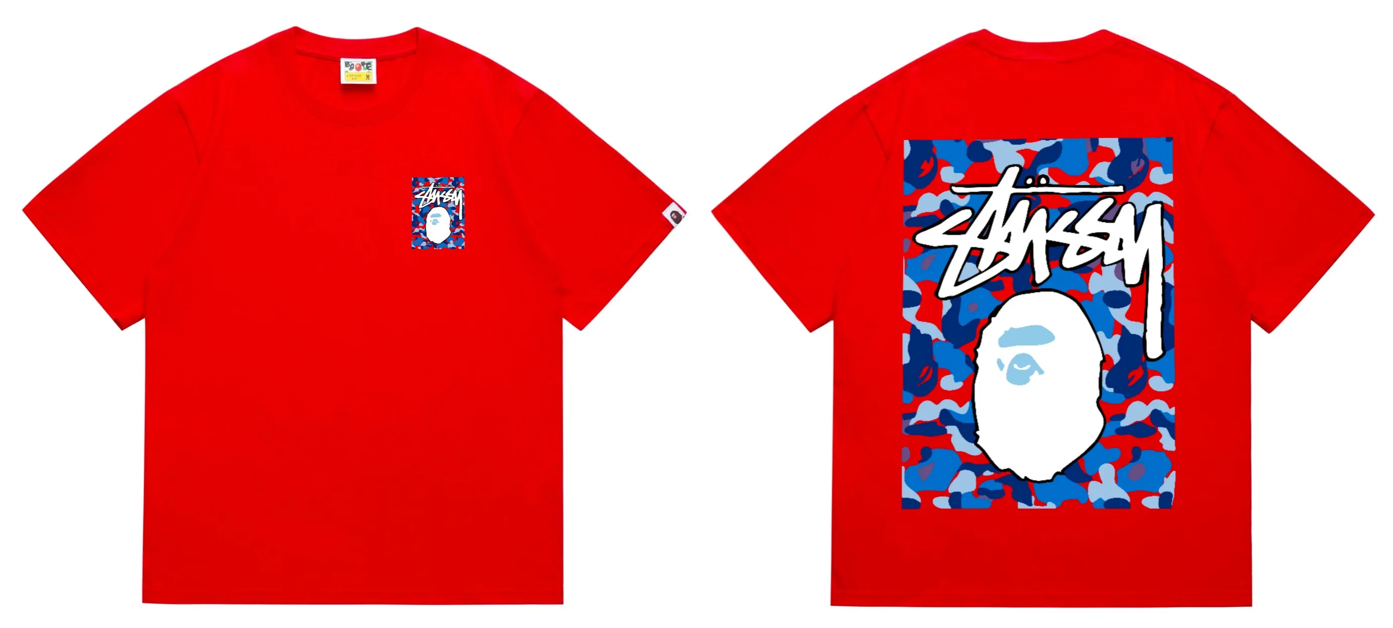 SC203#p110💰 (Top version) BAPE×Stussy co-branded Stussy letter ape print T-shirt Made of 260 grams of high-quality high-weave pure cotton fabric, double yarn combed, soft texture without pilling, imported environmentally friendly printing glue, bright and three-dimensional pattern, quality 💥Same style for men and women, the upper body is fashionable Color: black, blue and white, white, blue and white, pink, blue and white, gray, blue and white, red, blue and white, black, blue and black, white, blue and black Pink blue black Gray blue black Red blue black Size: S M L XL XXL