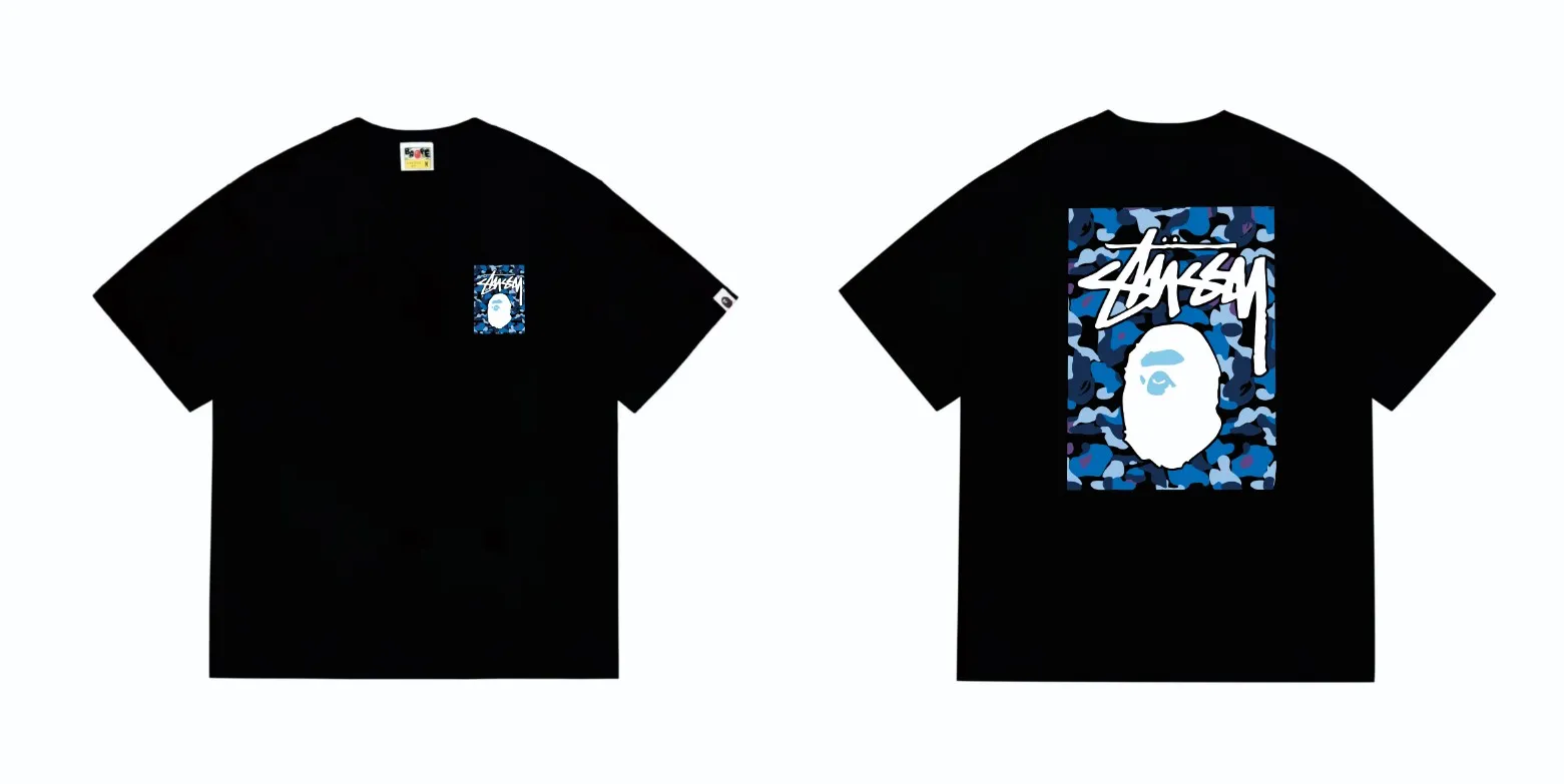 SC203#p110💰 (Top version) BAPE×Stussy co-branded Stussy letter ape print T-shirt Made of 260 grams of high-quality high-weave pure cotton fabric, double yarn combed, soft texture without pilling, imported environmentally friendly printing glue, bright and three-dimensional pattern, quality 💥Same style for men and women, the upper body is fashionable Color: black, blue and white, white, blue and white, pink, blue and white, gray, blue and white, red, blue and white, black, blue and black, white, blue and black Pink blue black Gray blue black Red blue black Size: S M L XL XXL
