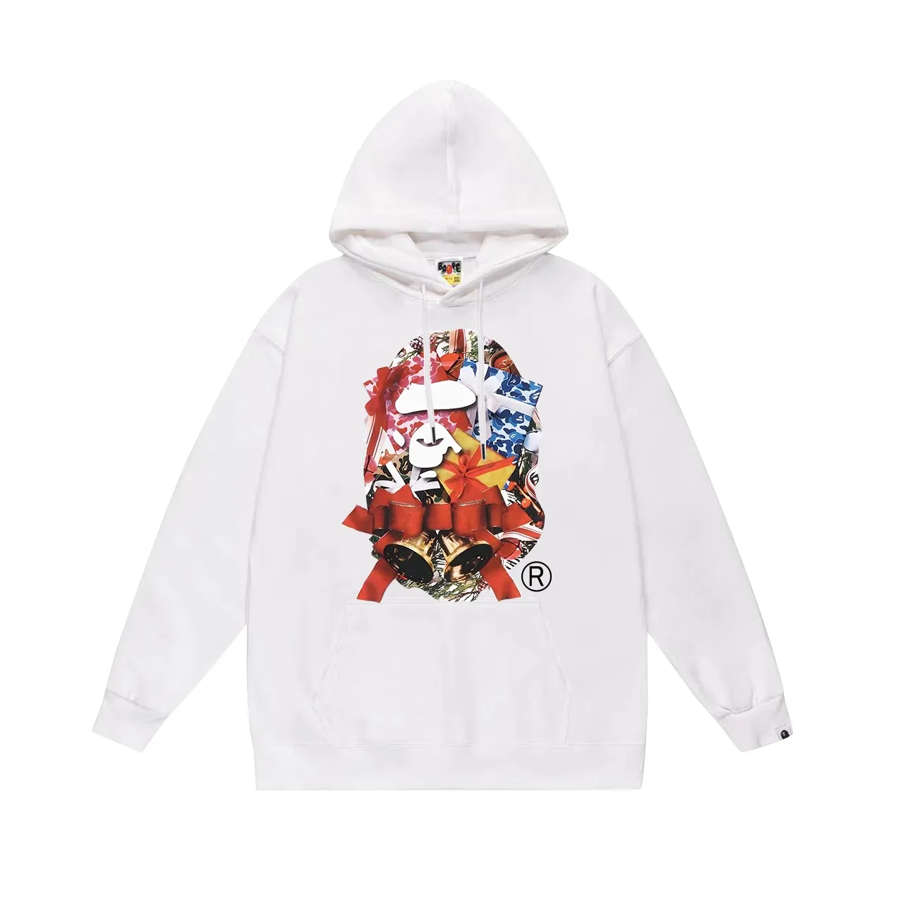Model No. SC713# Terry p160 plus velvet 180💰 (top version) BAPE autumn and winter Christmas bell gift box ape head print hooded sweatshirt. Made of 380 grams of large terry (drop shoulder large version) fabric. The texture is soft and non-pilling. Imported environmentally friendly printing glue. The pattern is bright and three-dimensional. Quality💥Same style for men and women. The upper body is trendy. Color: black white gray Size: S M L XL XXL