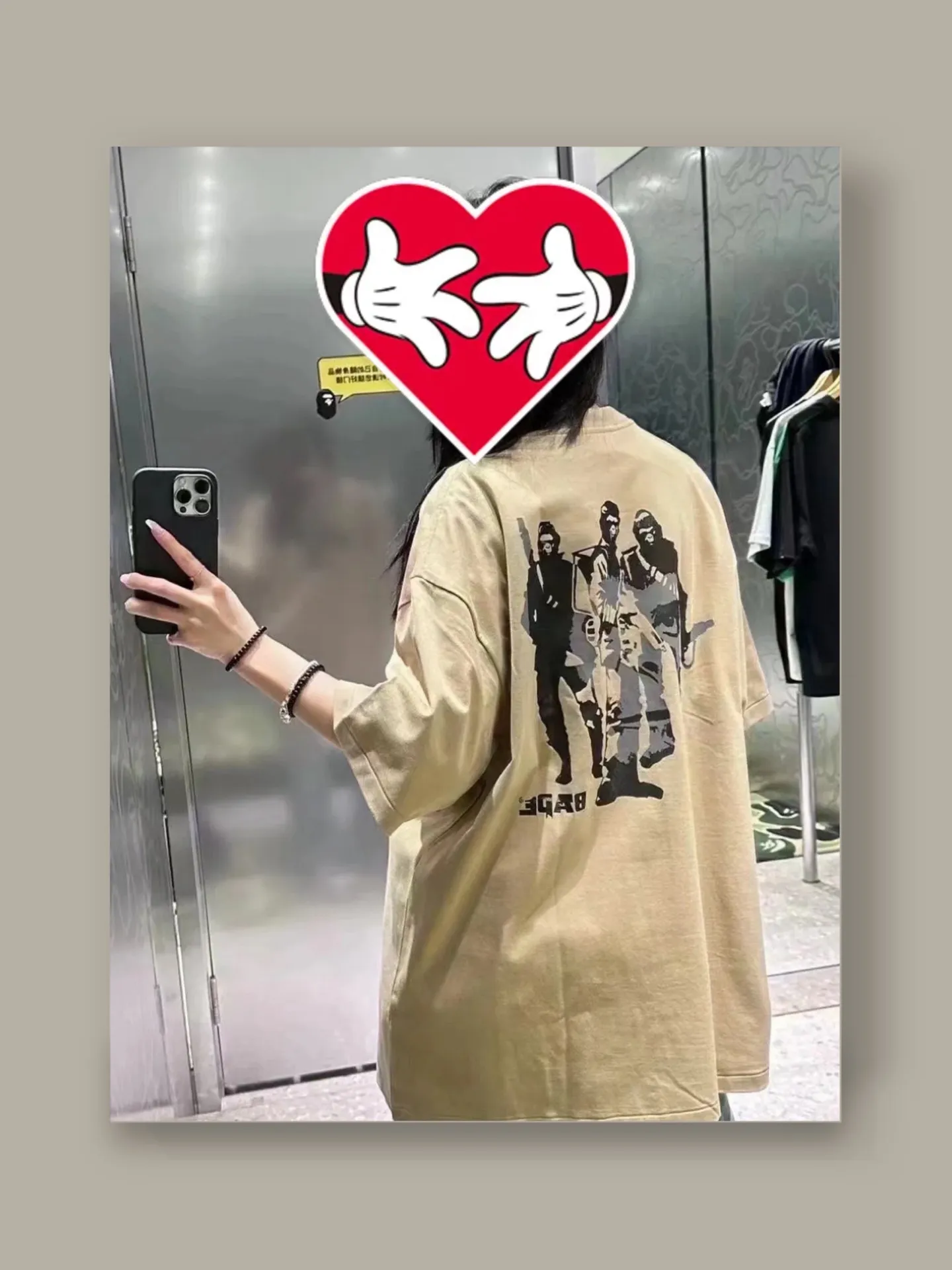 💰140 BAPE Ape Army letter pattern printed round neck short-sleeved T-shirt 280g weight linen cotton fabric Couple style: S-XXL [Black Apricot]