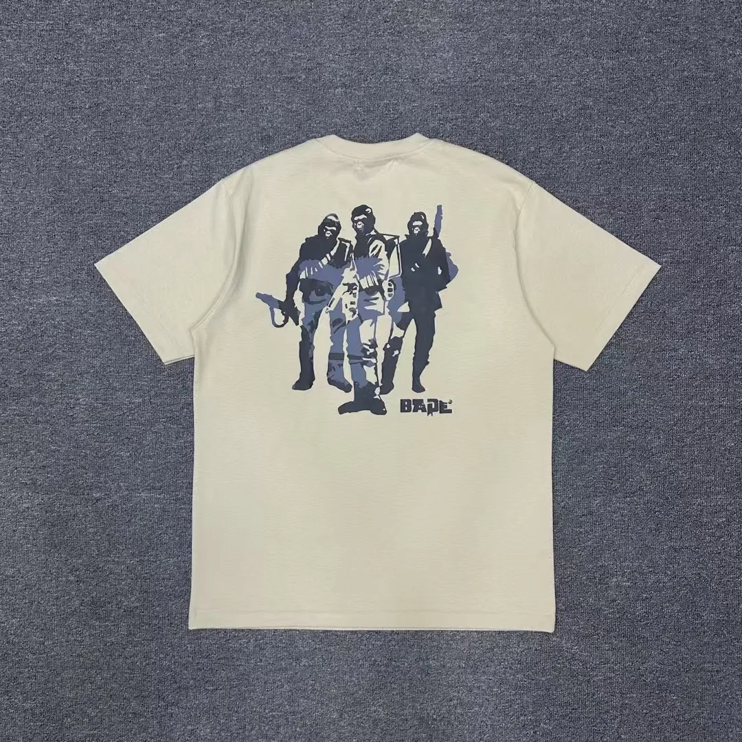 💰140 BAPE Ape Army letter pattern printed round neck short-sleeved T-shirt 280g weight linen cotton fabric Couple style: S-XXL [Black Apricot]