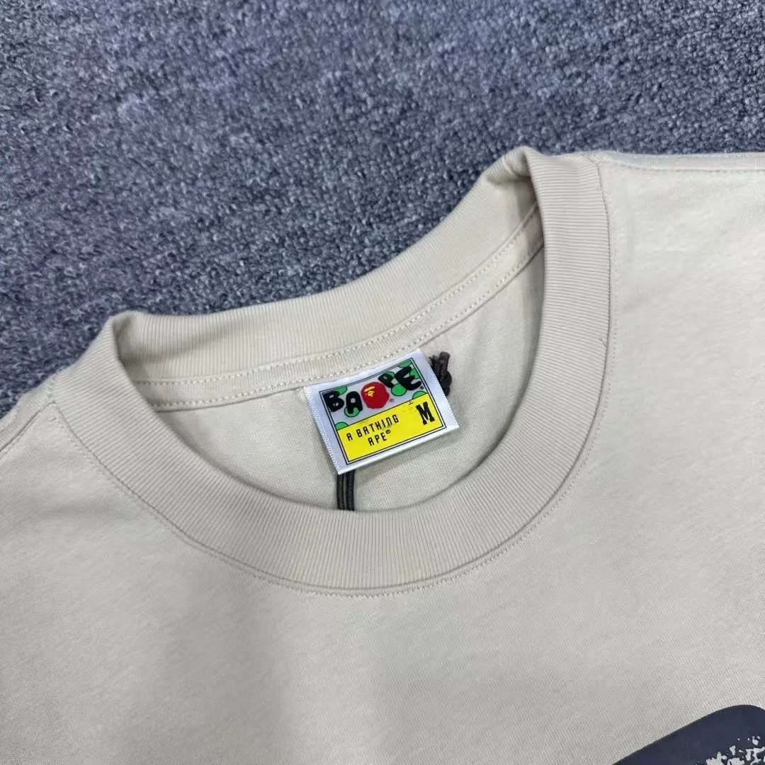 💰140 BAPE Ape Army letter pattern printed round neck short-sleeved T-shirt 280g weight linen cotton fabric Couple style: S-XXL [Black Apricot]