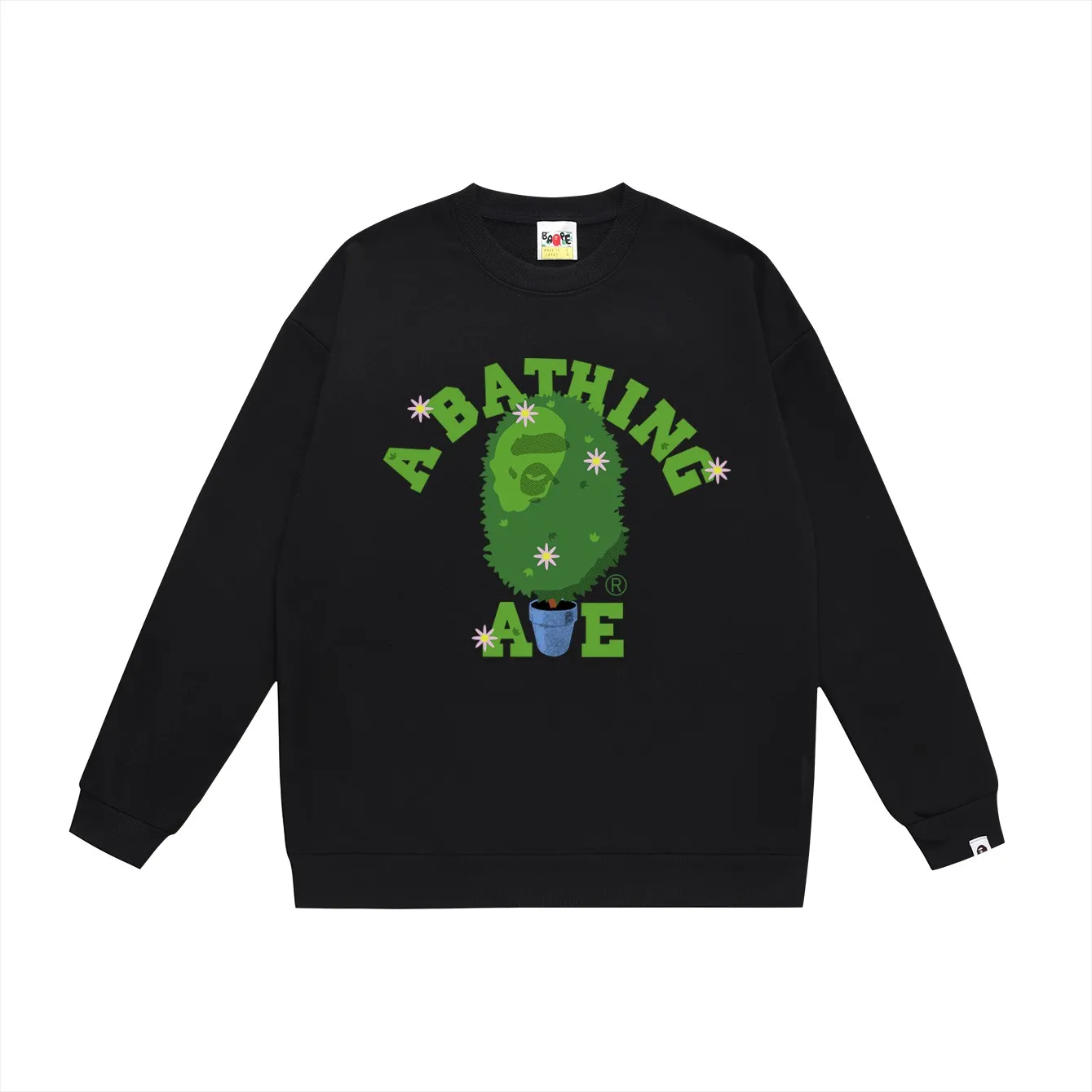 P150 model number SC483# terry 75 plus velvet 80 (top version) BAPE potted flower limited edition printed round neck sweatshirt. Made of 350g large terry (drop shoulder large version) fabric. The texture is soft and non-pilling. Imported environmentally friendly printing glue. The pattern is bright and three-dimensional. Quality 💥Same style for men and women. The upper body is trendy. Color: black white gray Size: S M L XL XXL