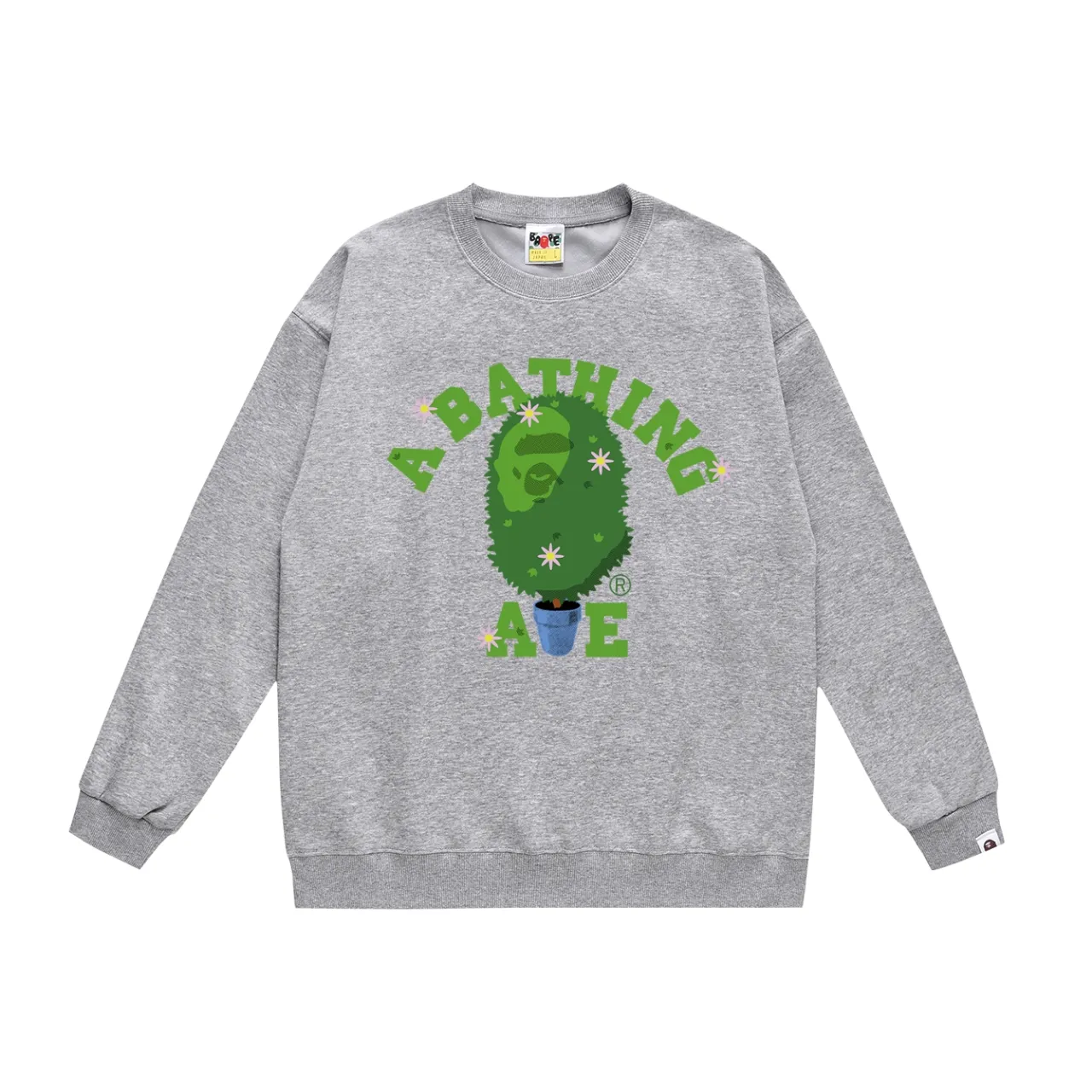 P150 model number SC483# terry 75 plus velvet 80 (top version) BAPE potted flower limited edition printed round neck sweatshirt. Made of 350g large terry (drop shoulder large version) fabric. The texture is soft and non-pilling. Imported environmentally friendly printing glue. The pattern is bright and three-dimensional. Quality 💥Same style for men and women. The upper body is trendy. Color: black white gray Size: S M L XL XXL