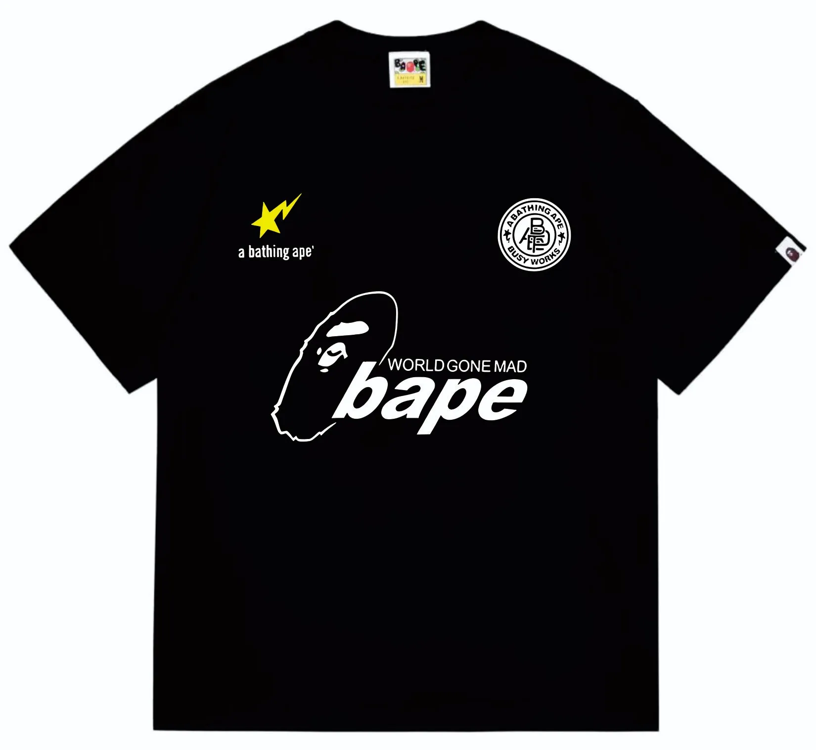 SC263#p110💰 (top version) BAPE ape head letter contrast star printed short-sleeved T-shirt Made of 260 grams of high-quality high-weave pure cotton fabric, double yarn combed, soft and non-pilling texture, imported environmentally friendly printing glue, bright and three-dimensional pattern, quality 💥Same style for men and women, the upper body is fashionable Color: black white Size: S M L XL XXL