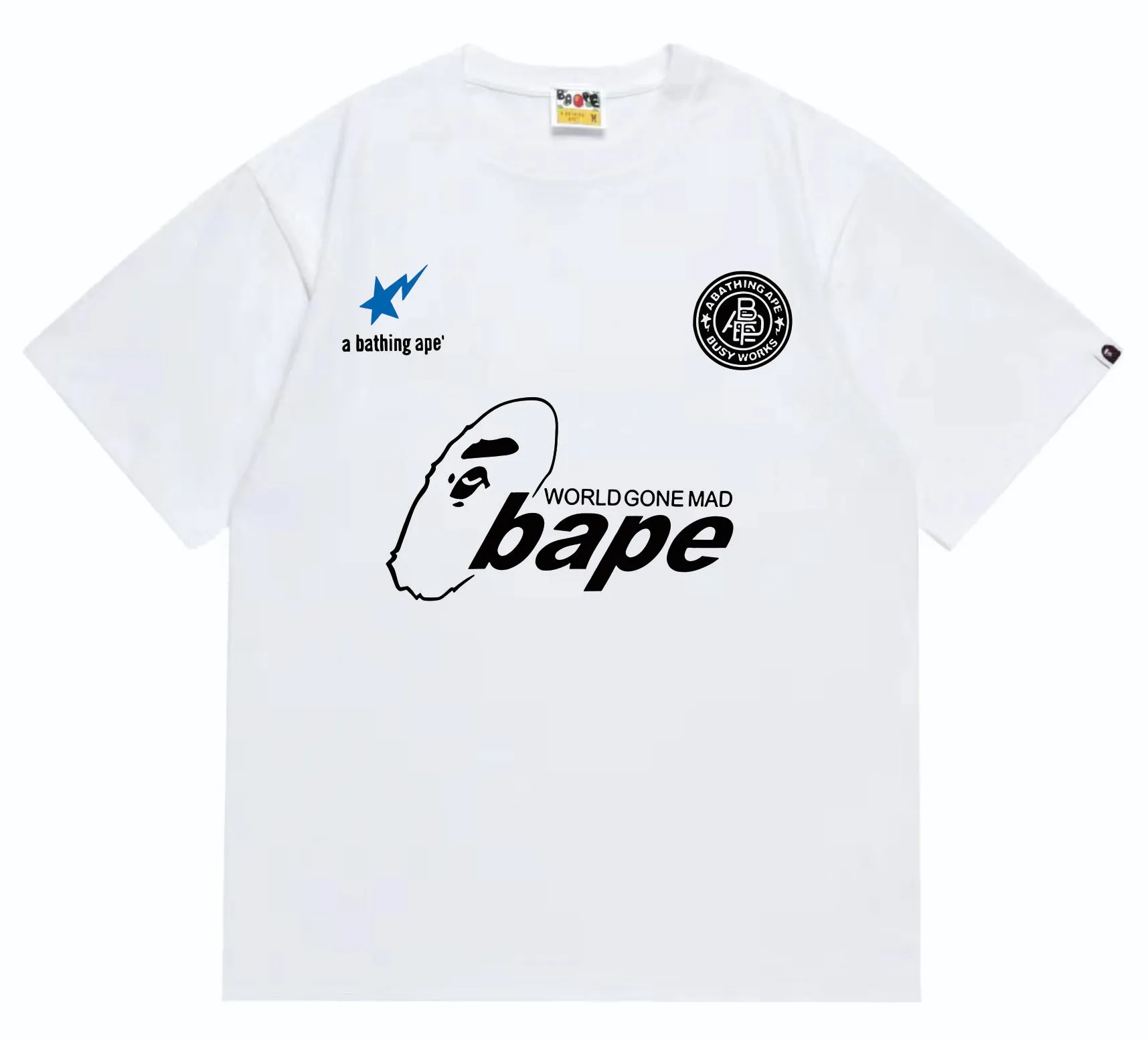 SC263#p110💰 (top version) BAPE ape head letter contrast star printed short-sleeved T-shirt Made of 260 grams of high-quality high-weave pure cotton fabric, double yarn combed, soft and non-pilling texture, imported environmentally friendly printing glue, bright and three-dimensional pattern, quality 💥Same style for men and women, the upper body is fashionable Color: black white Size: S M L XL XXL