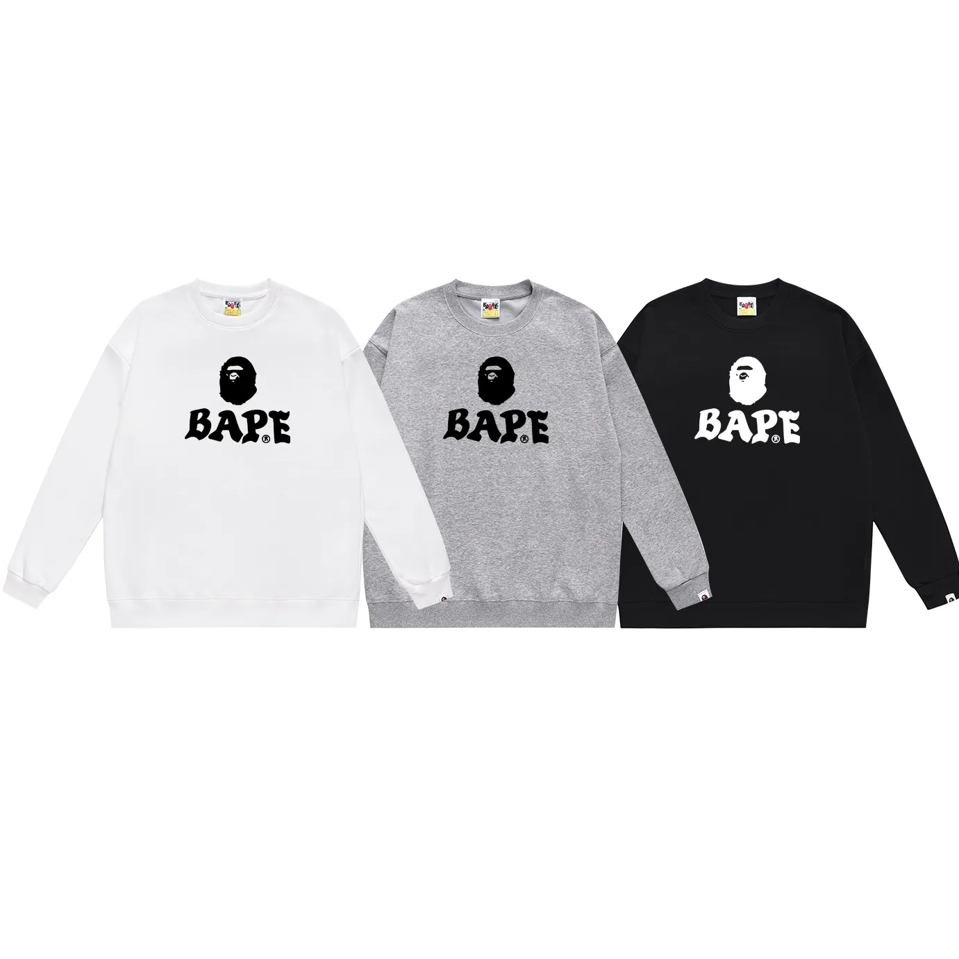 Style No. SC435# terry p150 plus velvet 160💰 (top version) BAPE autumn and winter contrasting ape head letter pattern printed loose round neck sweatshirt. Made of 350 grams of large terry (drop shoulder large version) fabric. The texture is soft and non-pilling. Imported environmentally friendly printing glue. The pattern is bright and three-dimensional. The quality is the same for men and women. The upper body is trendy. Color: black white gray Size: S M L XL XXL