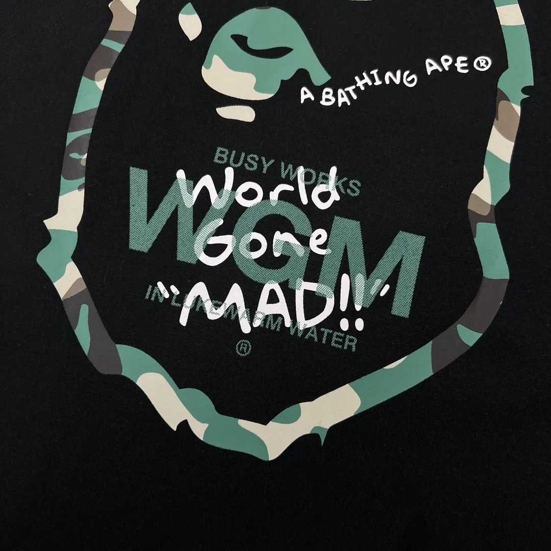 💰140 BAPE WOODLAND CAMO WGM forest camouflage ape letters ZP version 280g weight linen cotton fabric Couple style: S—XXL [Black White]