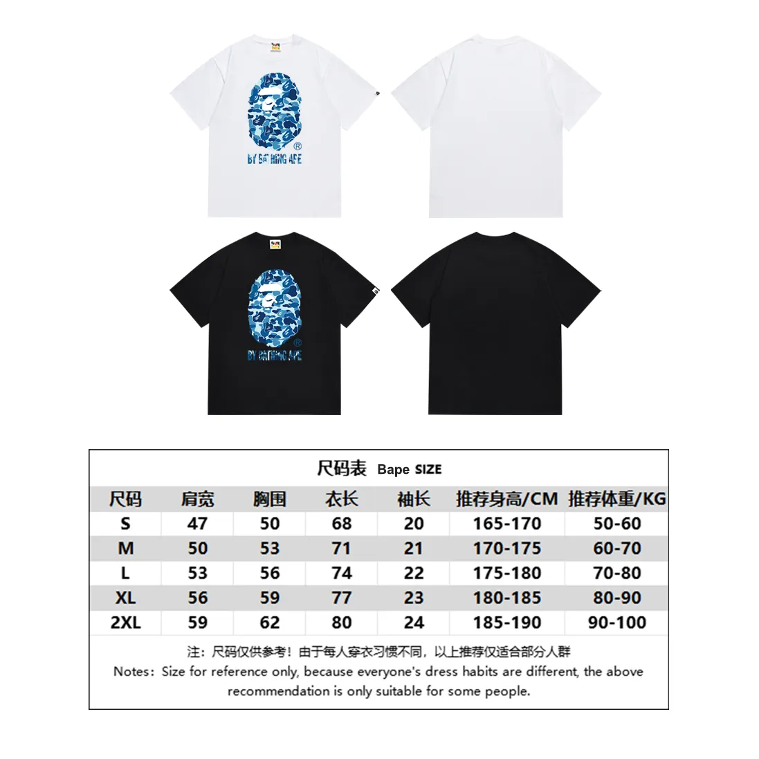 P110 SC075# (top version) BAPE camouflage ape head LOGO printed short-sleeved T-shirt Made of 260 grams of high-quality high-weave pure cotton fabric, double yarn combed, soft and non-pilling, imported environmentally friendly printing glue, bright and three-dimensional pattern, quality 💥Same style for men and women, the upper body is fashionable Color: black green white green black pink white pink black blue white blue Size: S M L XL XXL